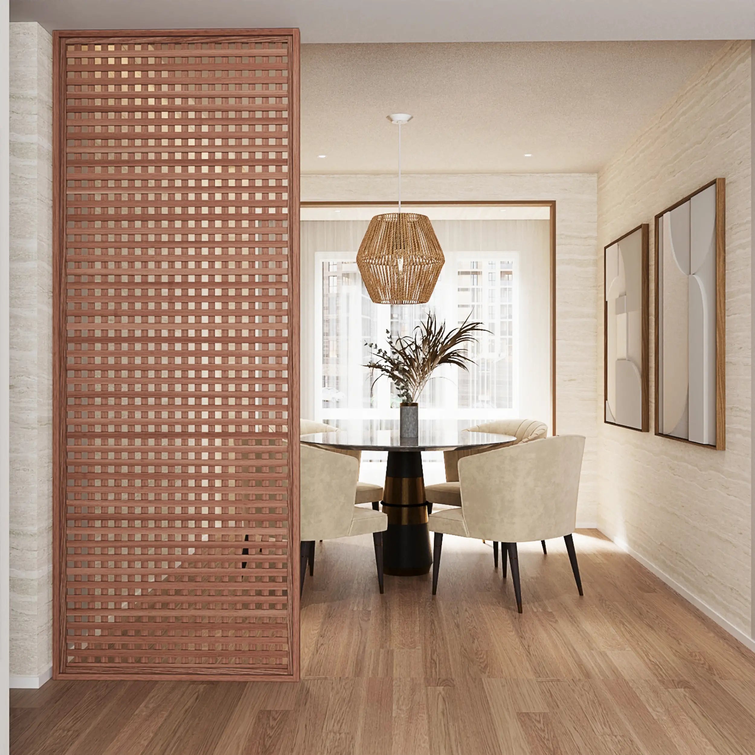 Dining room with woven screen, table, chairs, and decor.