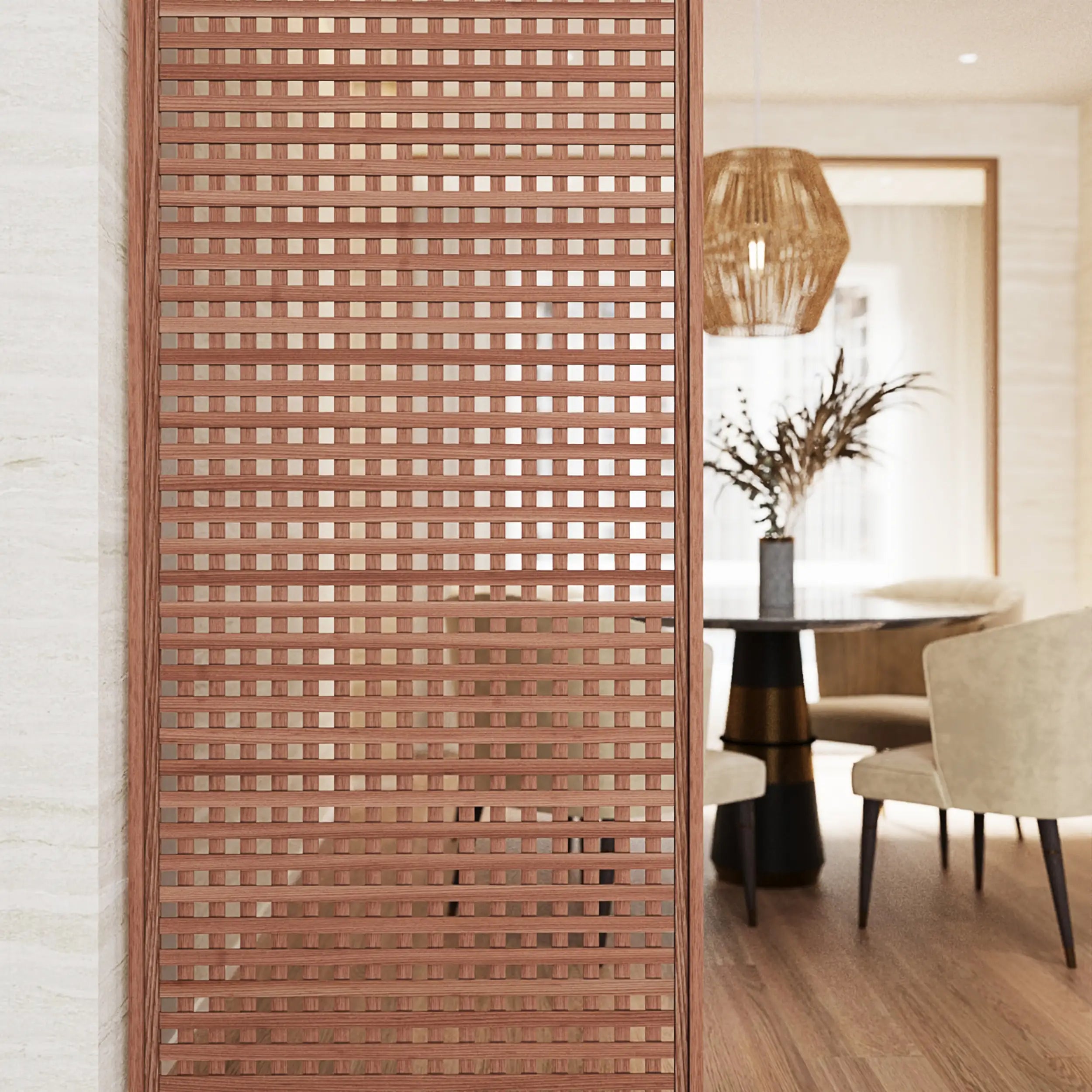 Wooden screen with a checkered pattern in a modern interior setting