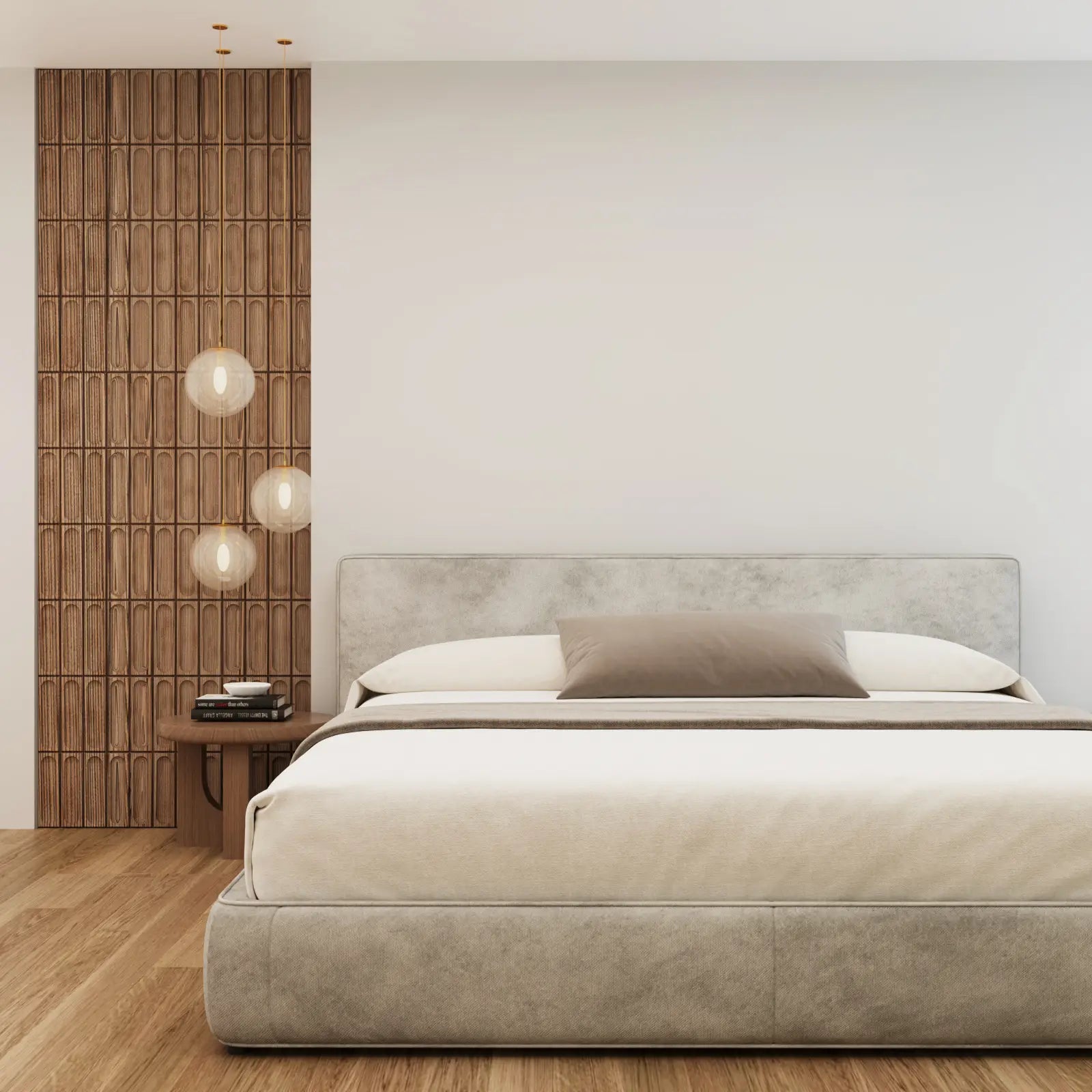 Modern bedroom with a bed and wooden wall paneling