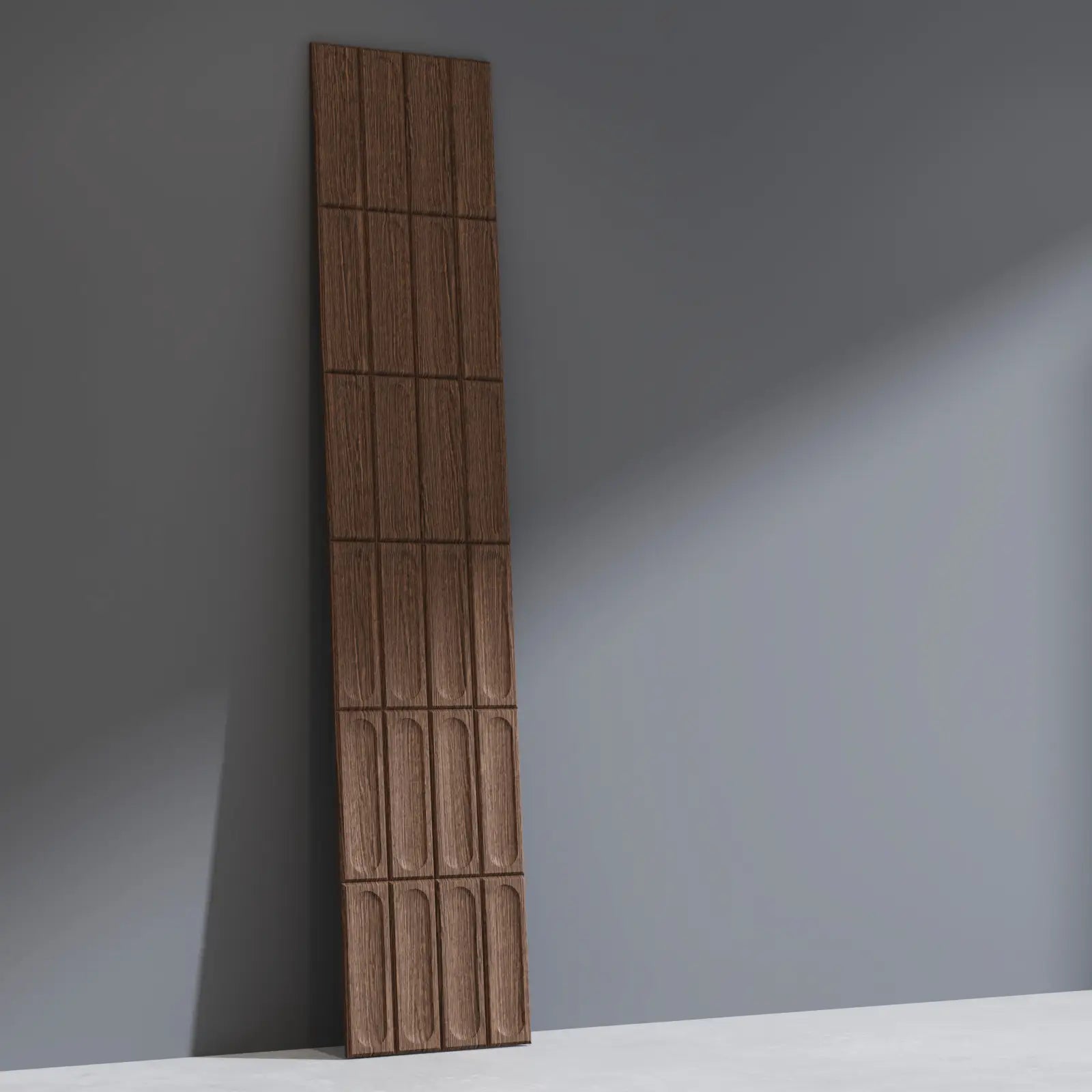 Tall wooden panel with a grid pattern against a gray background