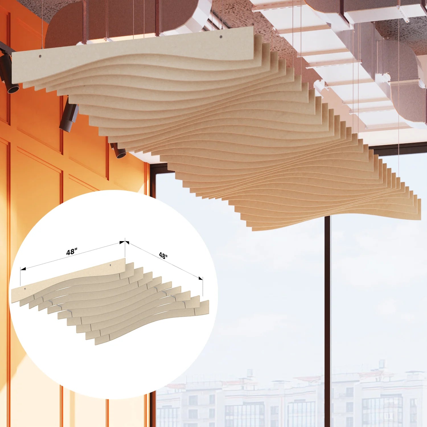 Wooden architectural model with measurements inset, set against a blurred indoor background.