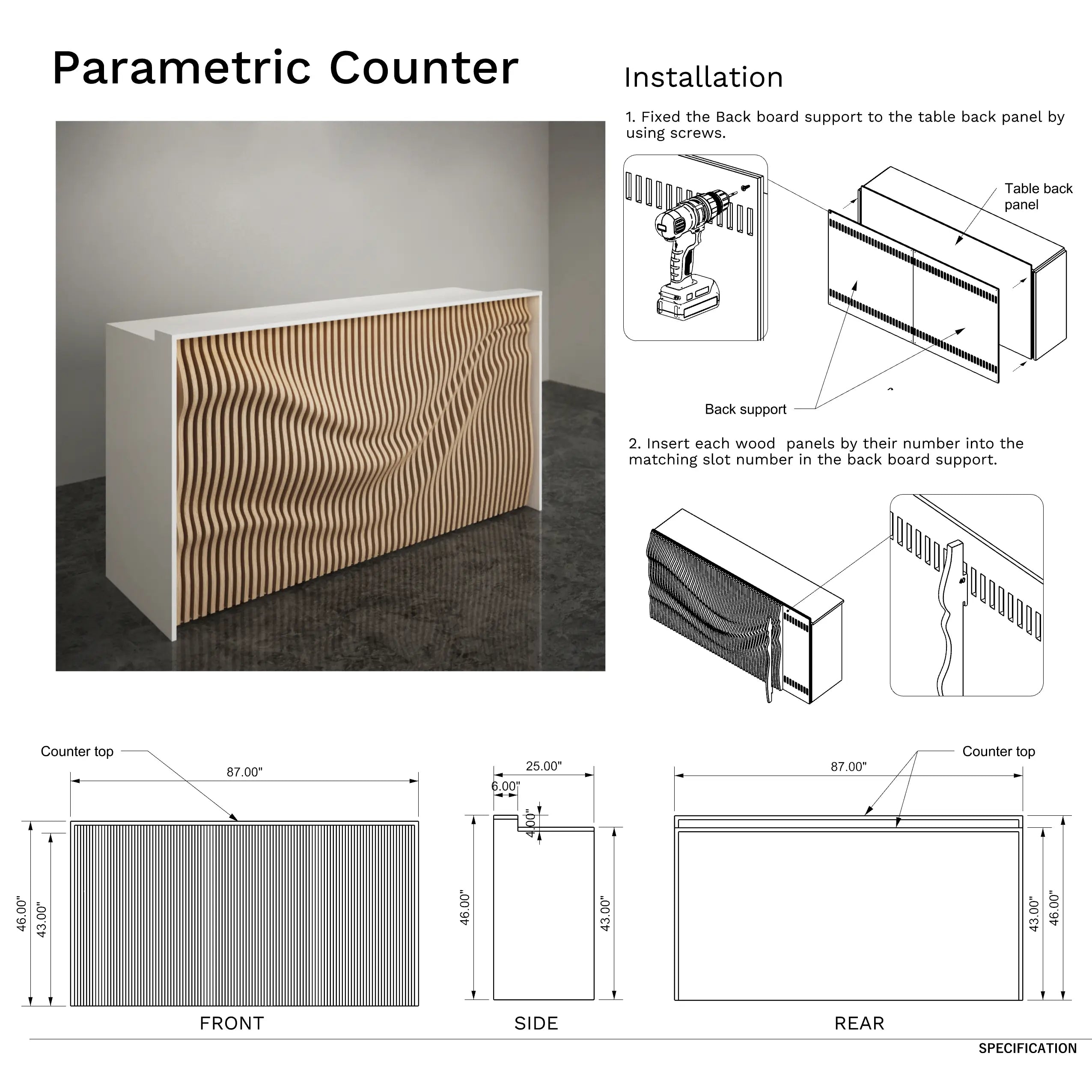 Parametric counter with installation instructions and dimensions