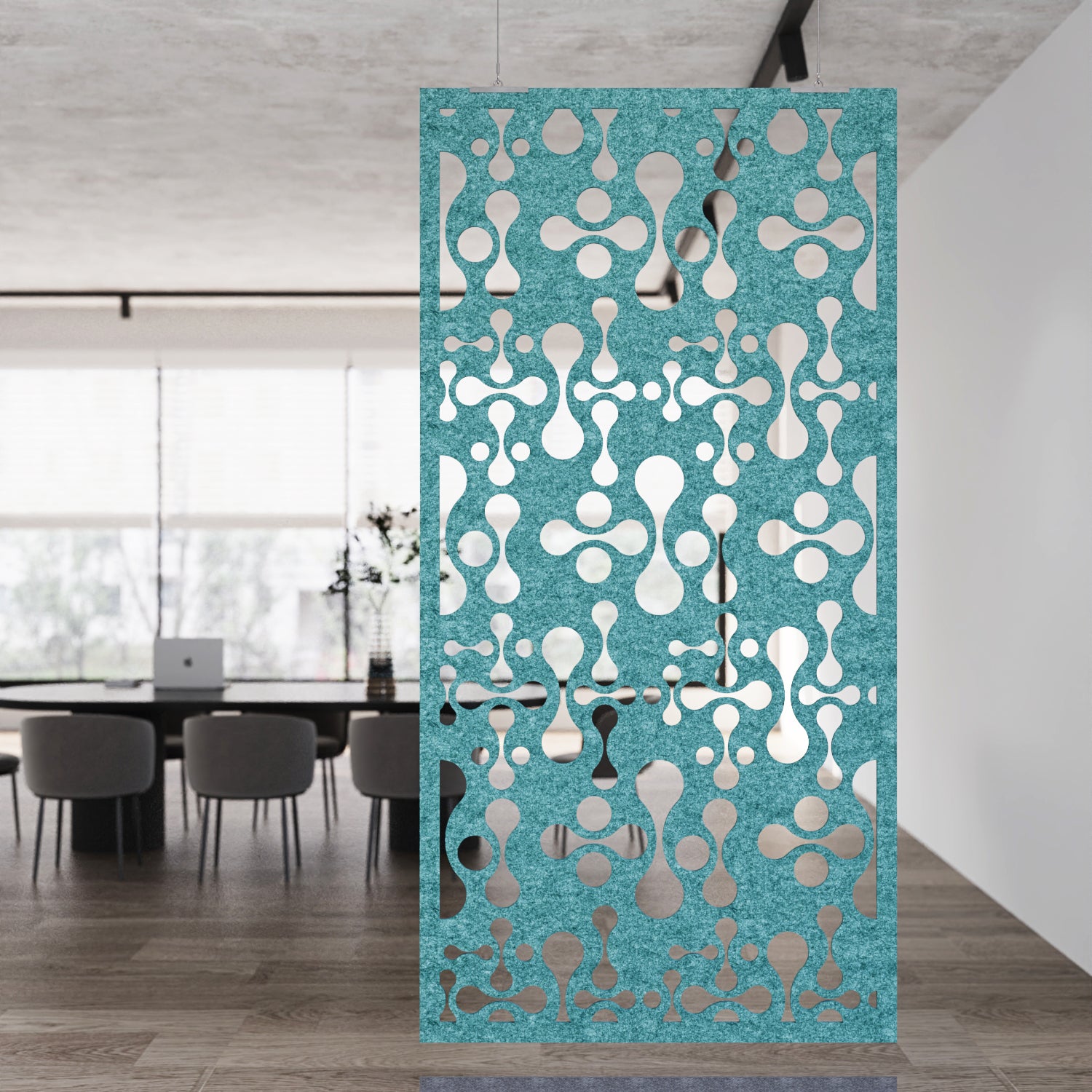 Decorative screen with a geometric pattern in a modern interior setting