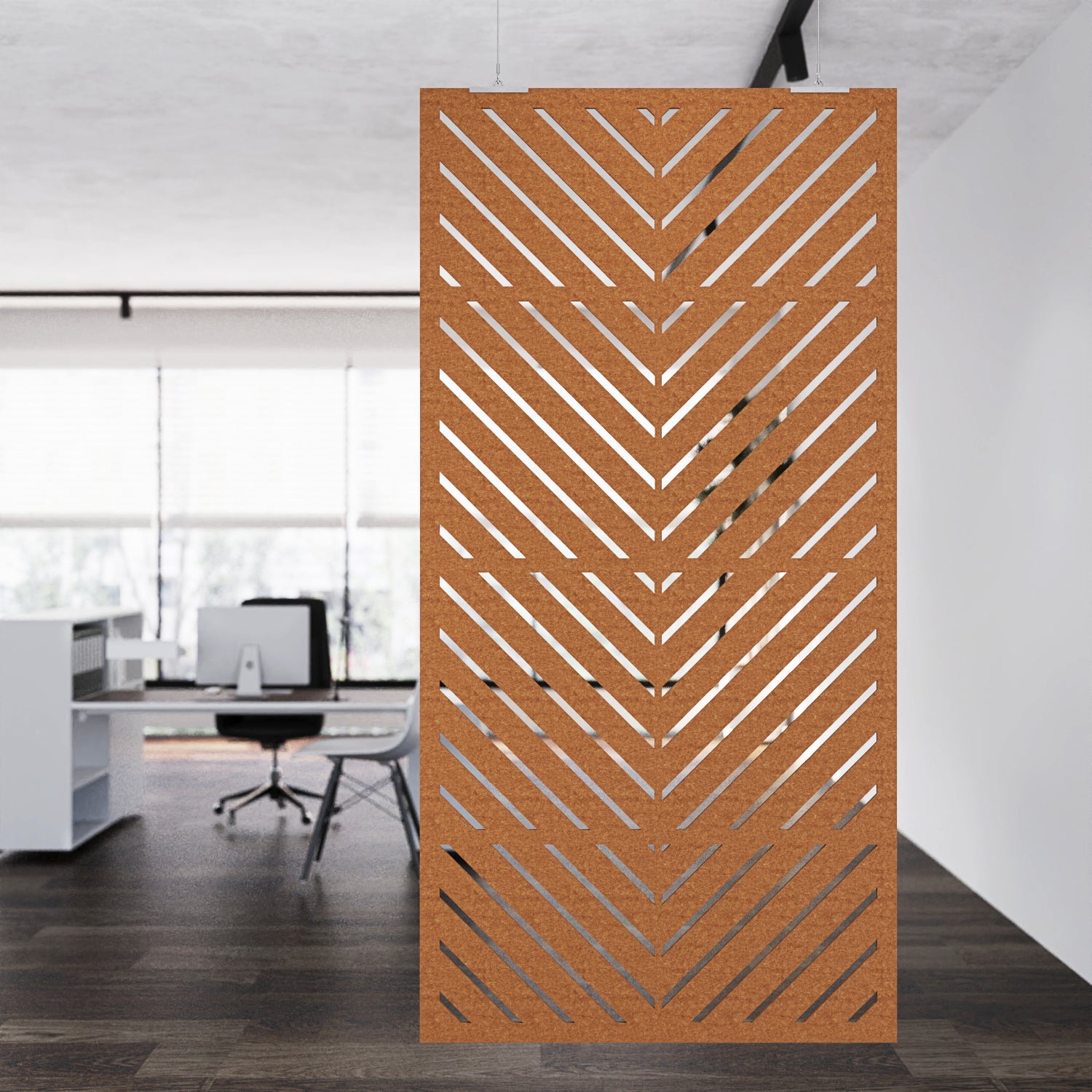 Decorative wall panel with geometric pattern in an office setting