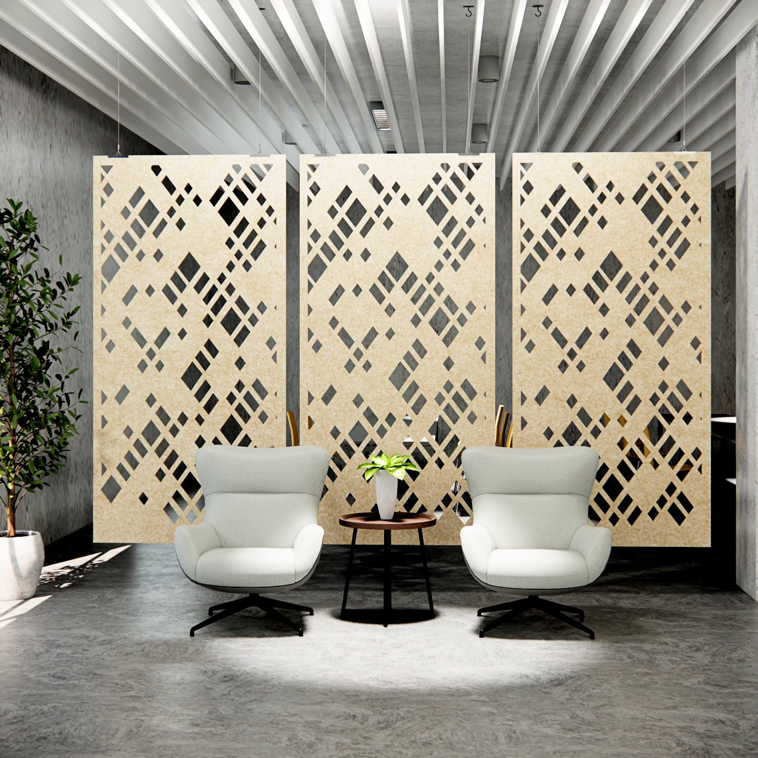 Modern interior with decorative wall panels and white chairs.
