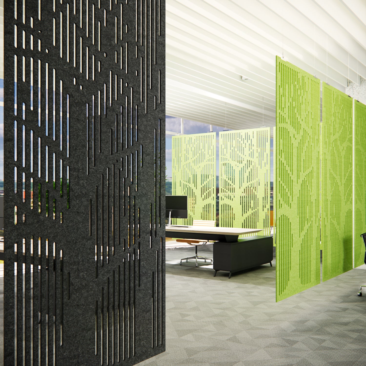 Modern office interior with decorative wall panels in black and green.
