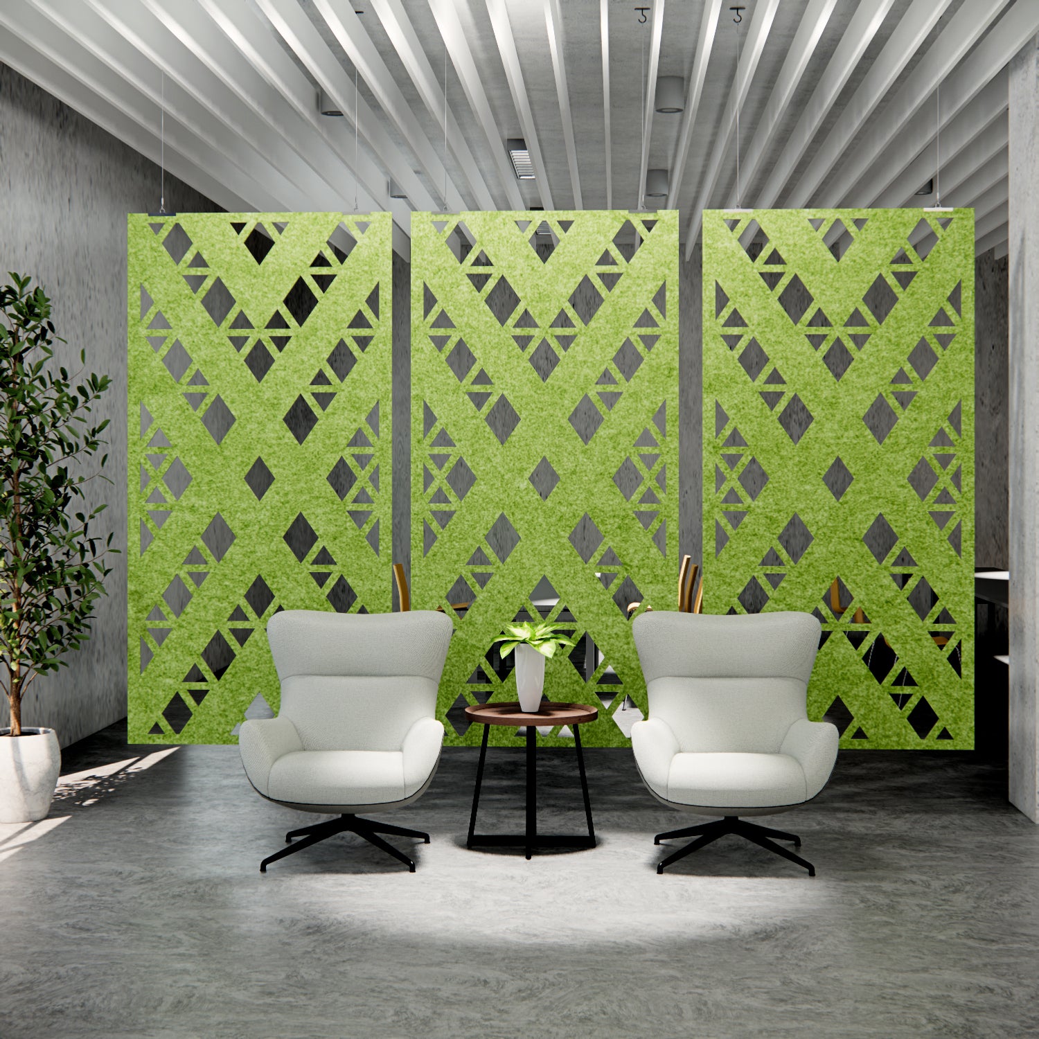 Modern interior with green decorative panels and white chairs.