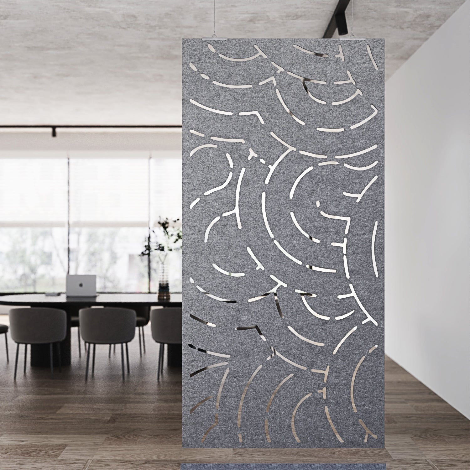 Decorative screen with geometric pattern in a modern interior setting