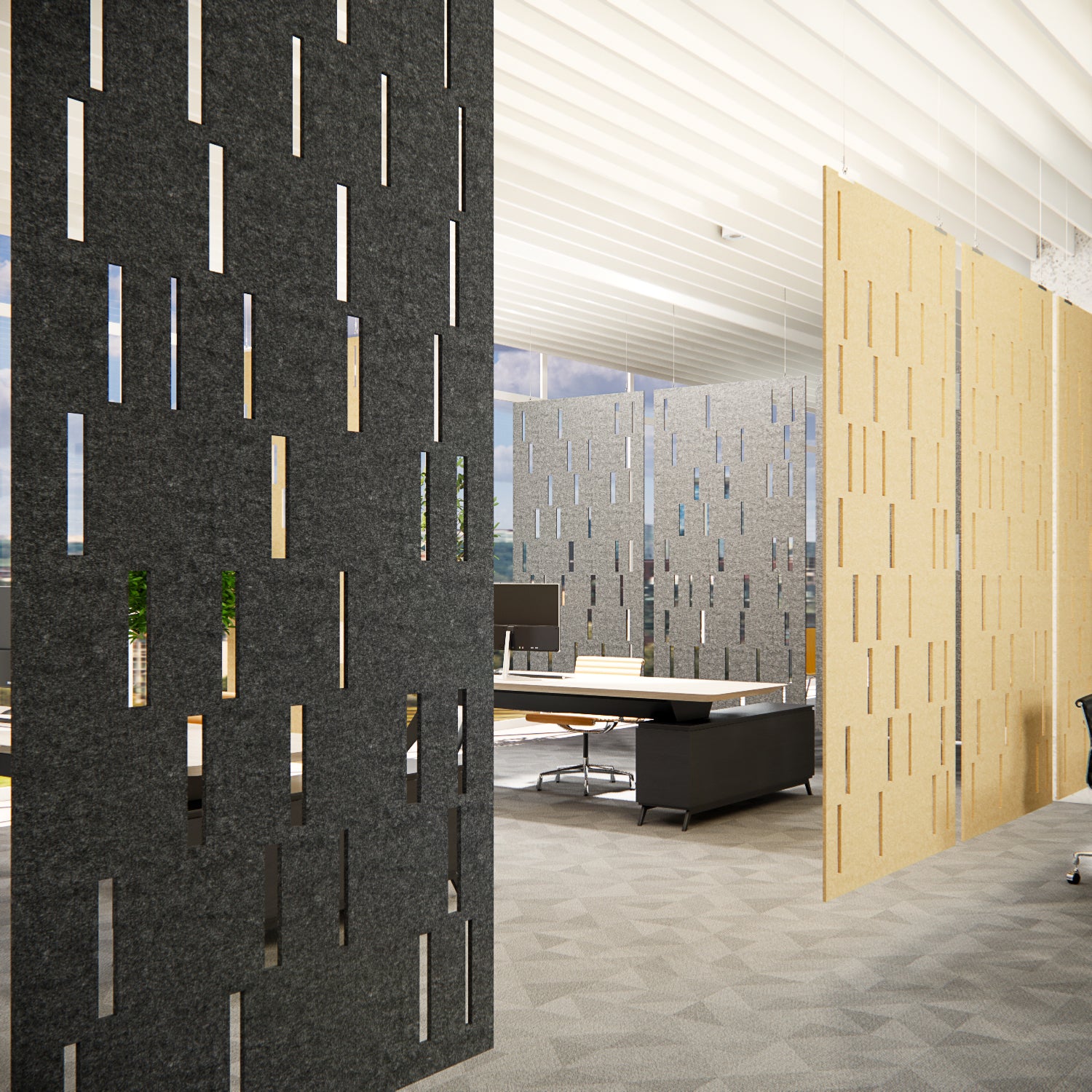 Modern office interior with decorative wall panels and a desk.
