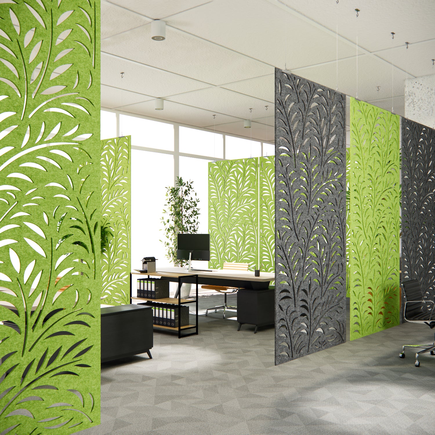 Modern office with decorative wall panels and a desk.