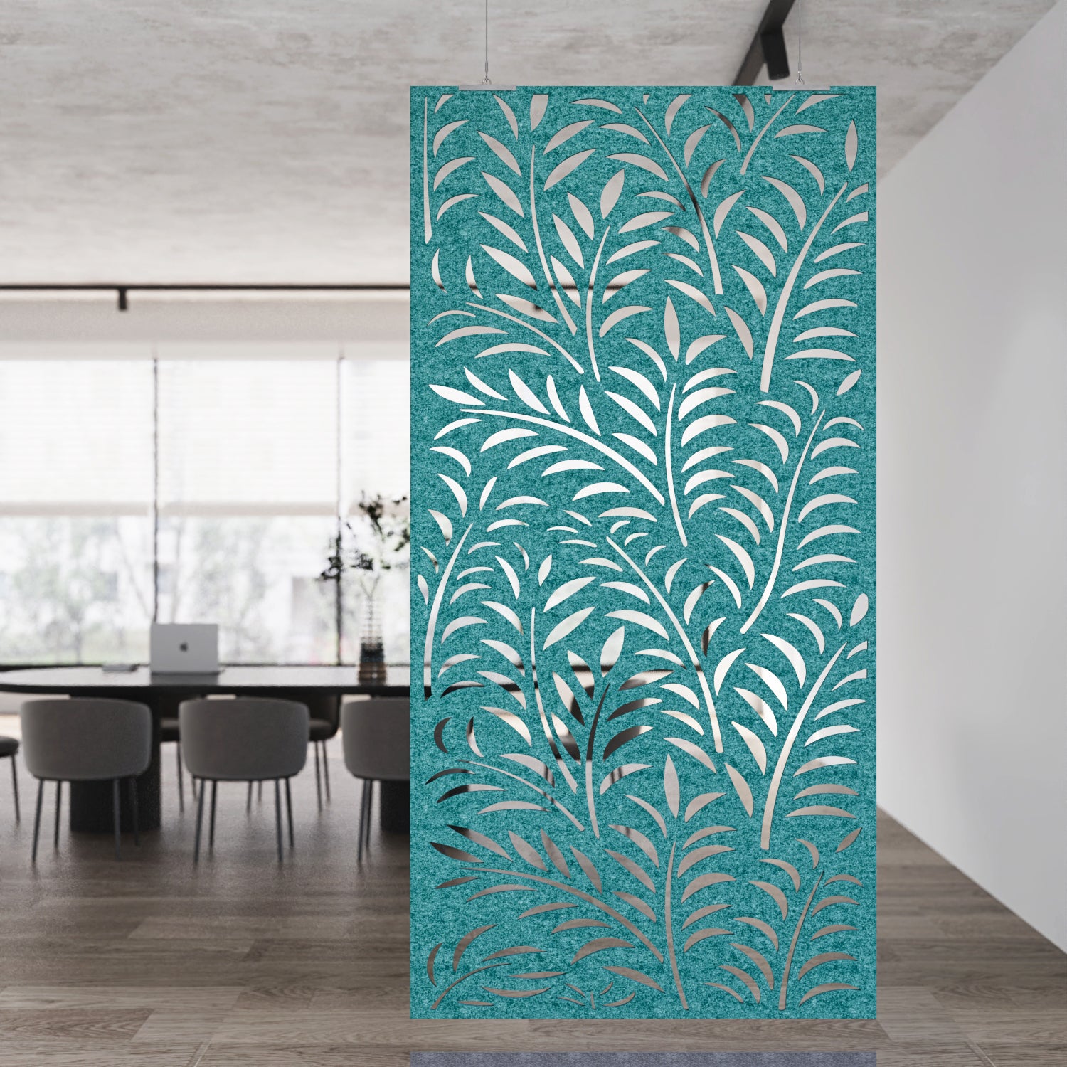 Decorative screen with leaf pattern in a modern interior setting