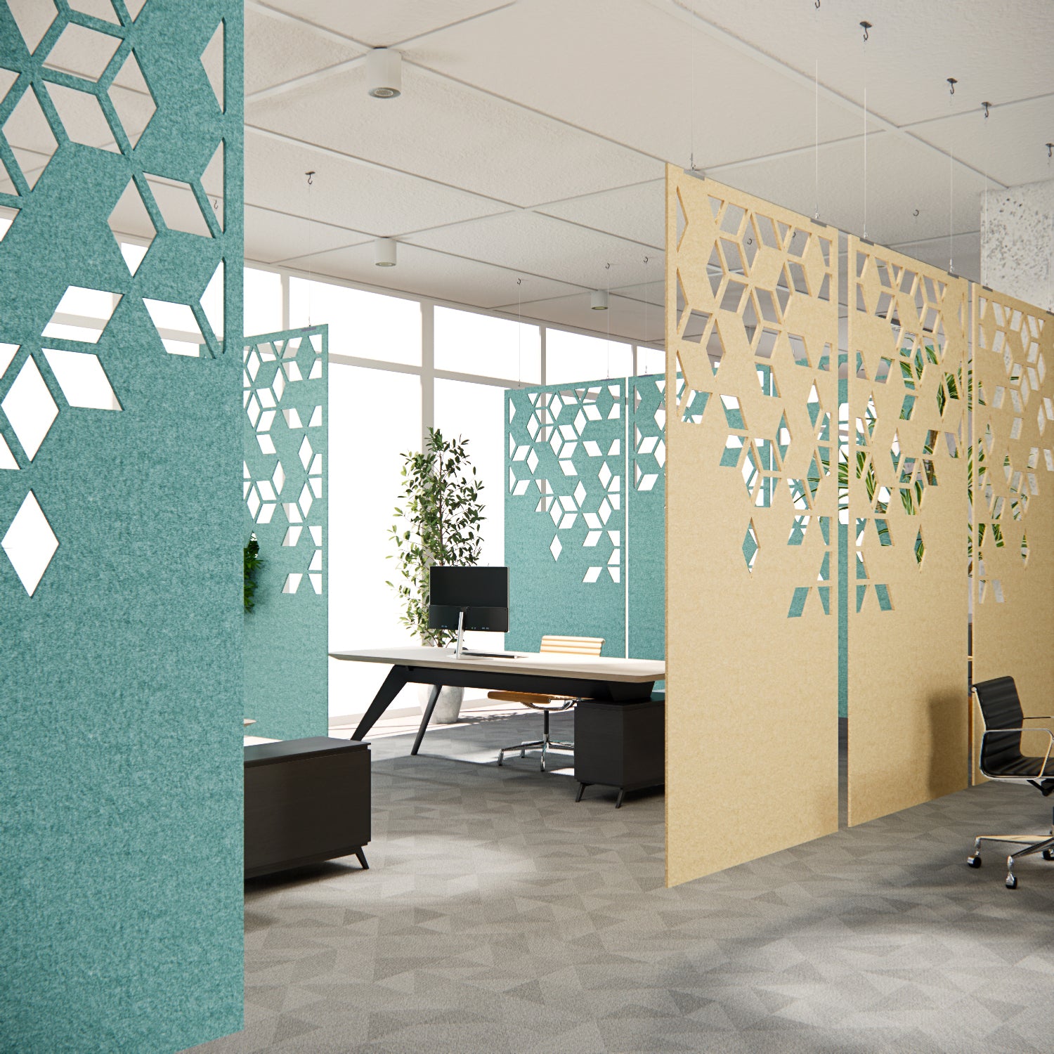 Modern office with decorative partition walls and a desk.