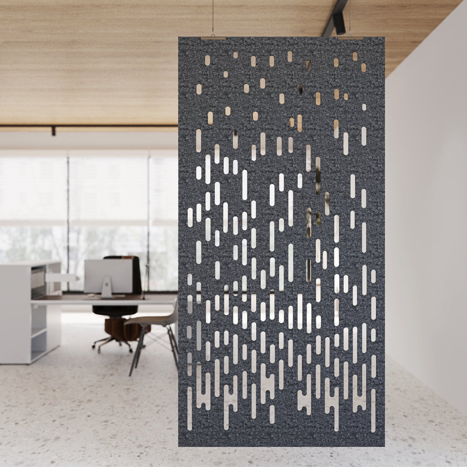 Decorative wall panel with geometric pattern in an office setting