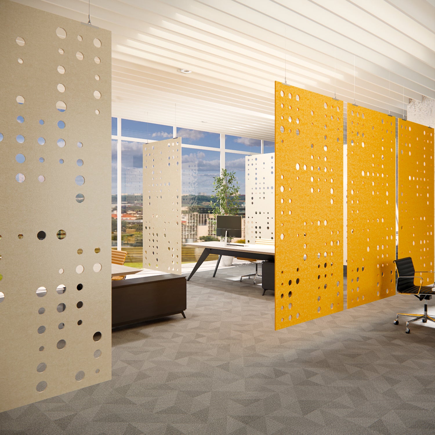 Modern office space with yellow and beige perforated wall panels.