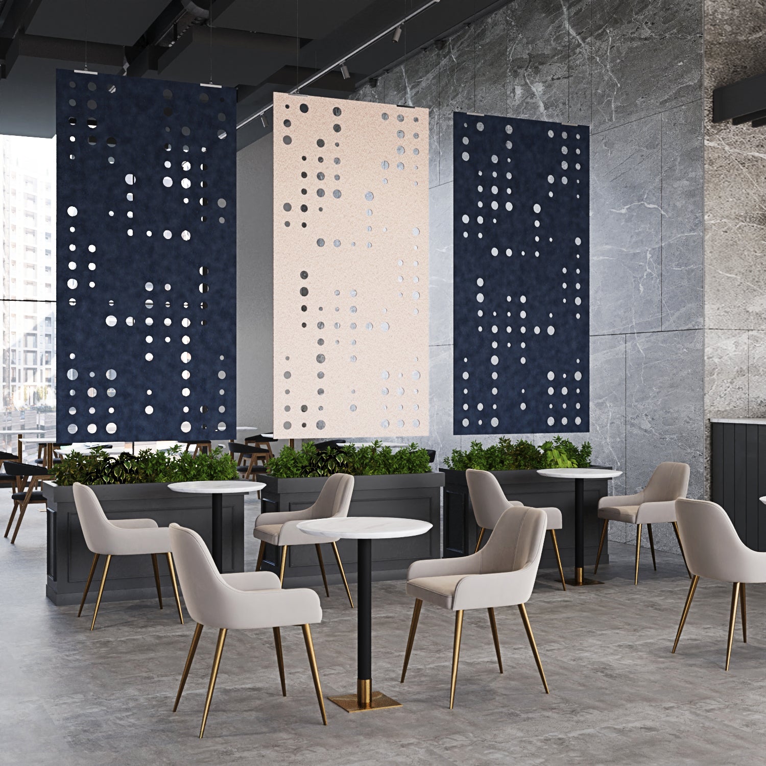 Modern cafe interior with chairs, tables, and decorative wall panels.