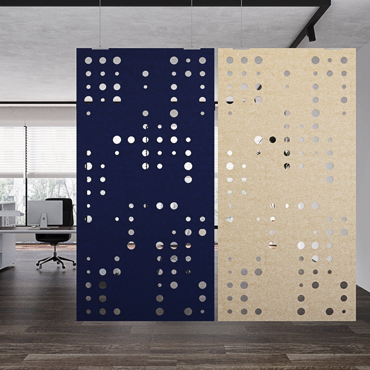 Two decorative panels with a geometric pattern in an office setting.