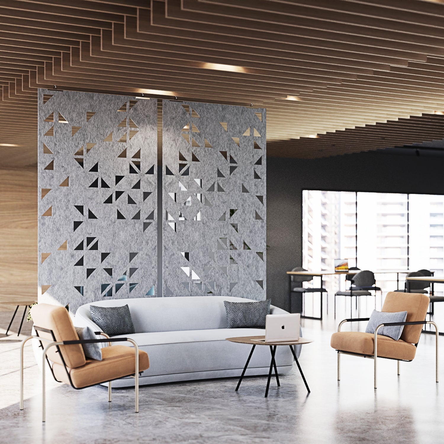 Modern office space with a geometric patterned room divider, white sofa, and brown chairs.