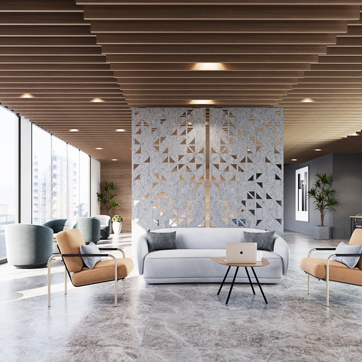 Modern interior design of a living room with geometric wall art and wooden ceiling.