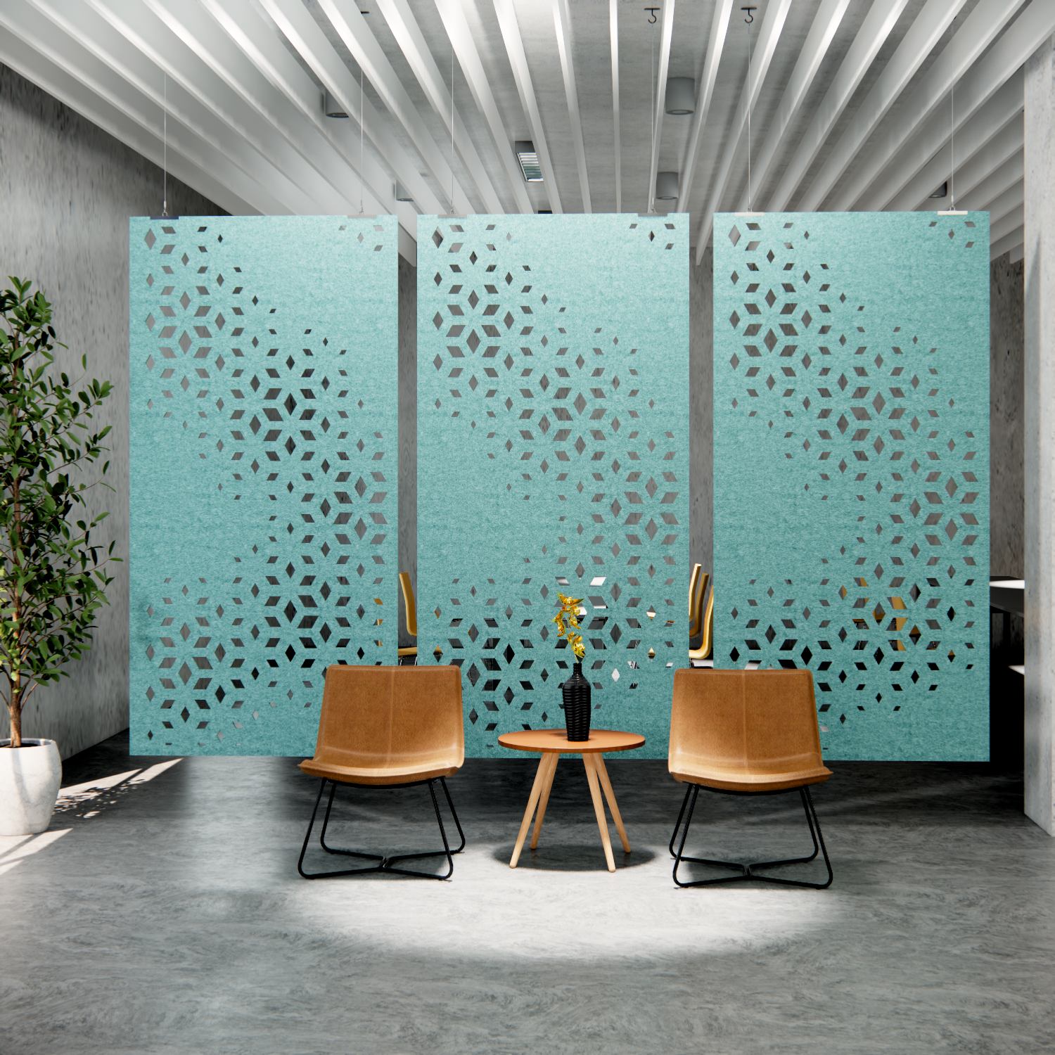 Modern interior design with decorative panels, chairs, and a small table.