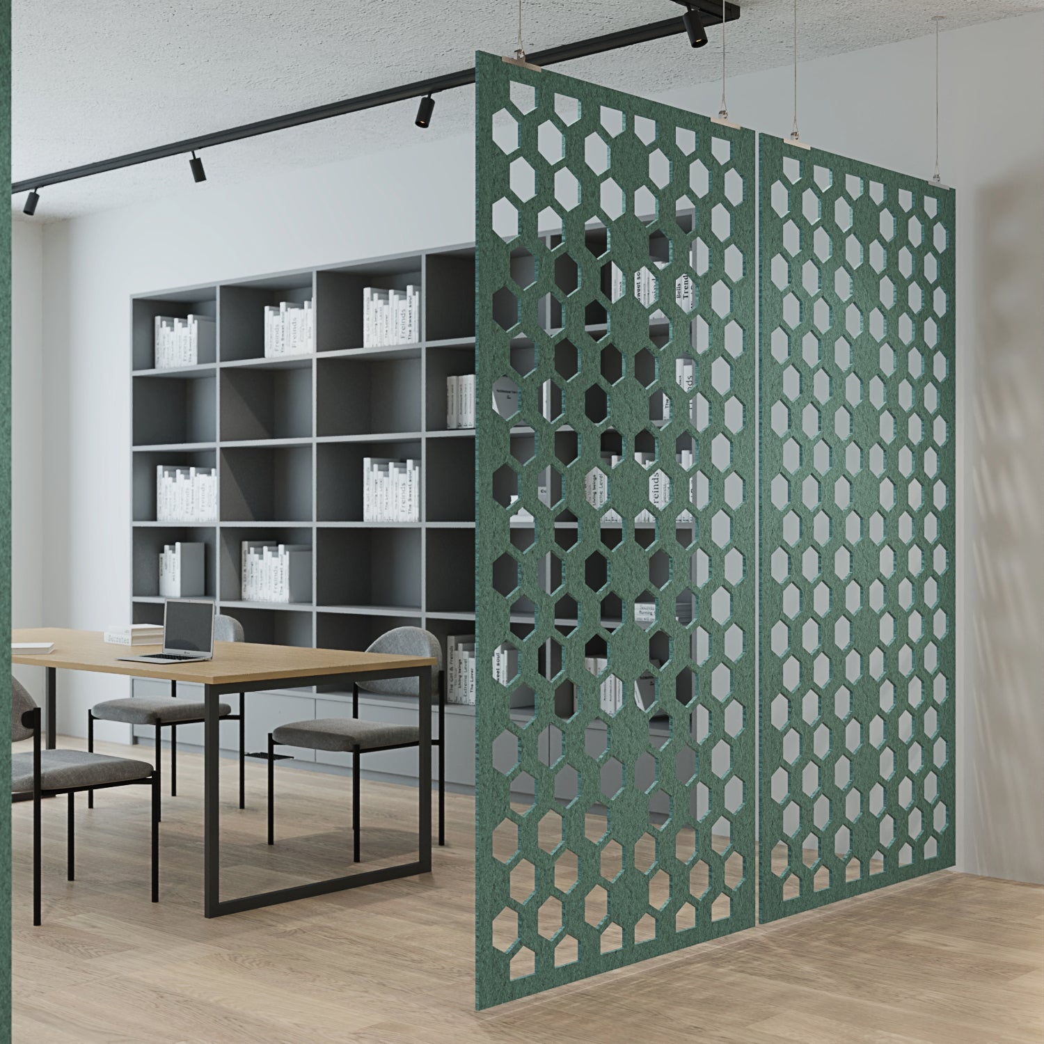 Decorative green screen with geometric pattern in an office setting