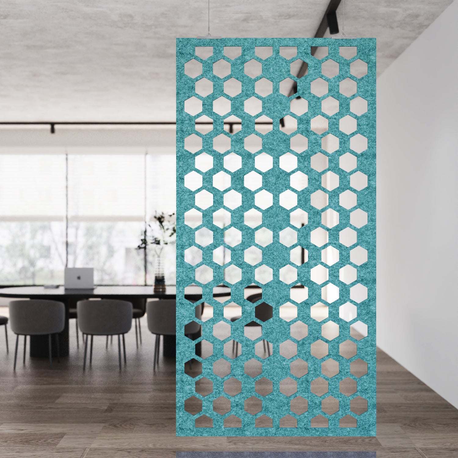 Decorative screen with geometric pattern in a modern interior setting