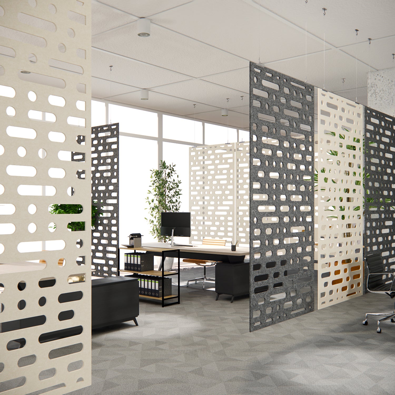 Modern office space with perforated room dividers