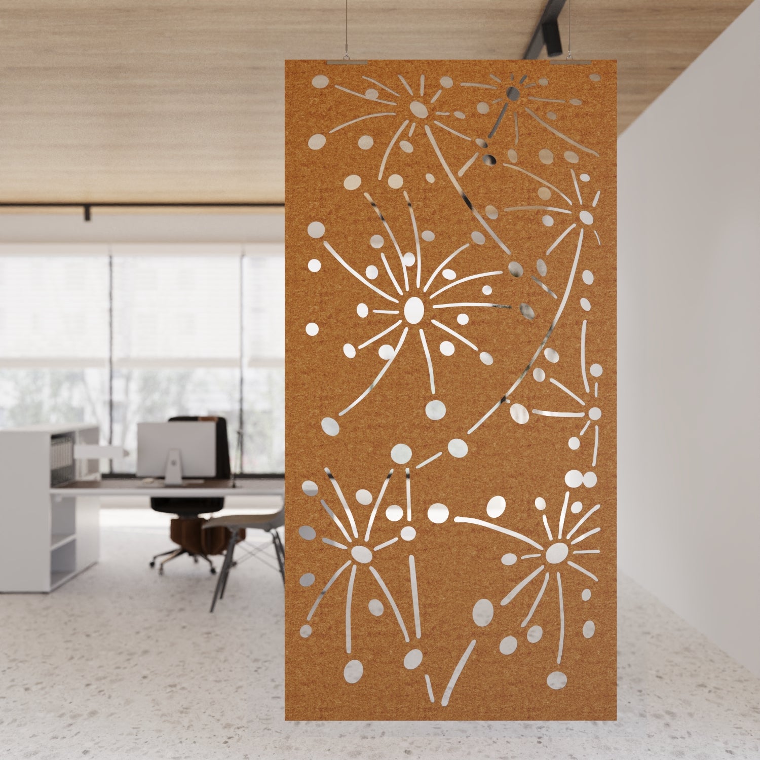 Decorative screen with floral pattern in an office setting