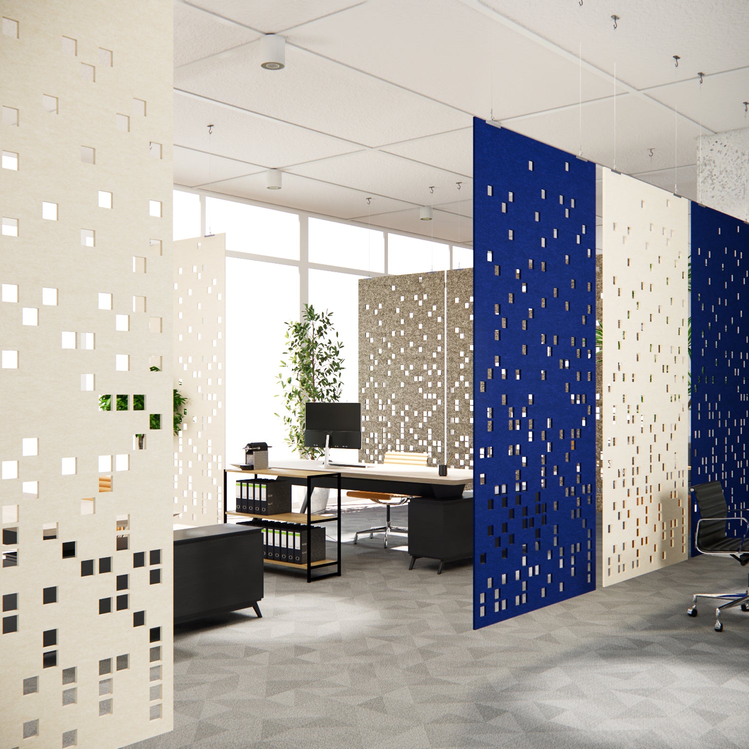 Modern office space with decorative wall panels and office furniture.