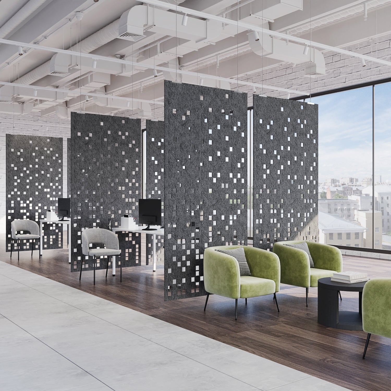 Modern office space with green chairs and decorative wall panels.