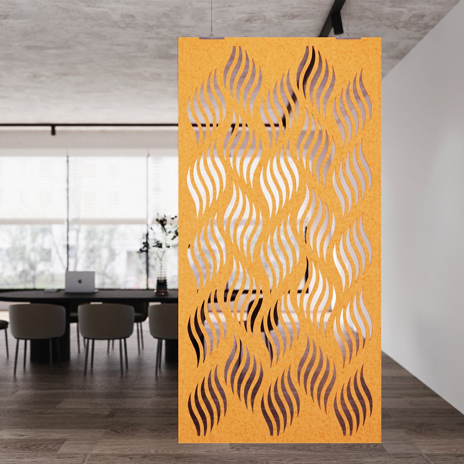 Decorative panel with wavy pattern in a modern interior setting