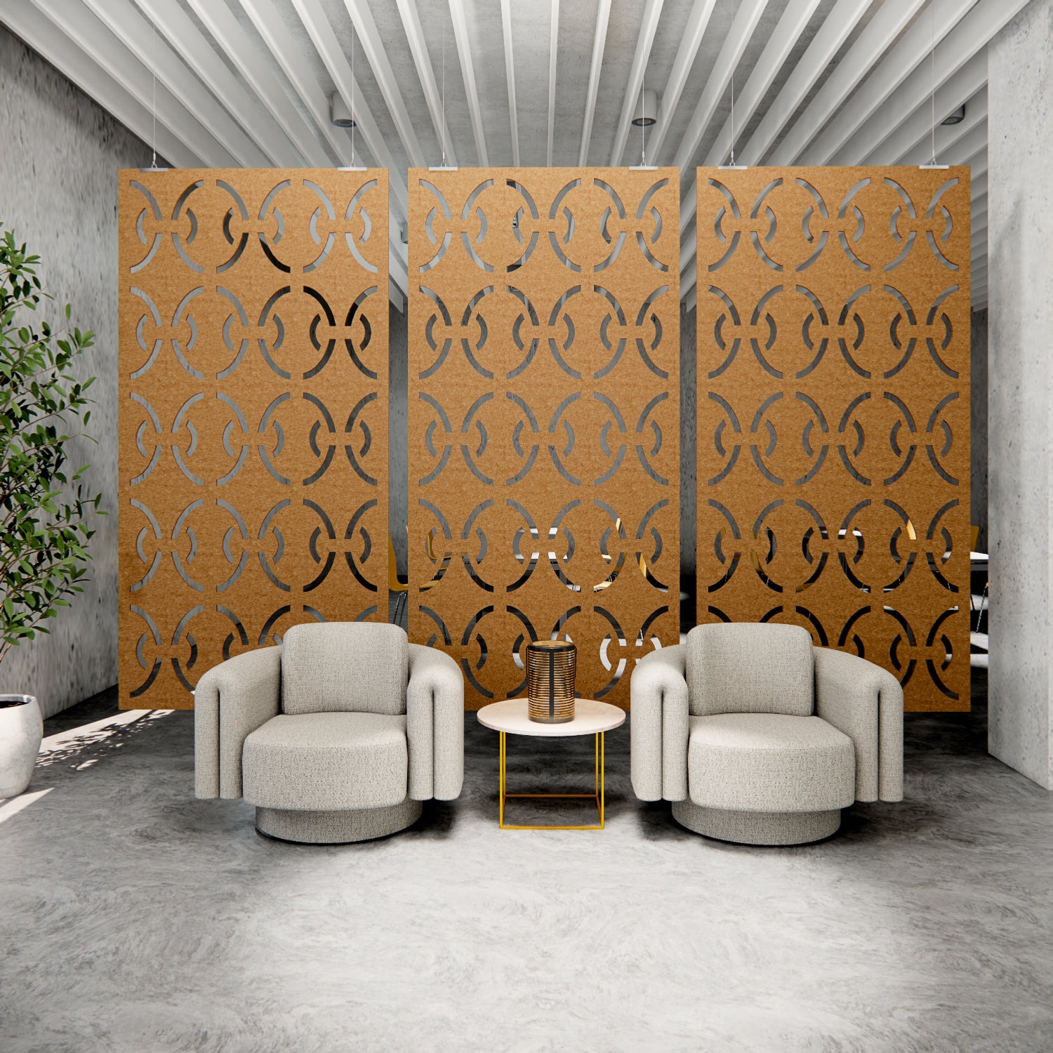 Modern interior with patterned room divider, two armchairs, and a small table.