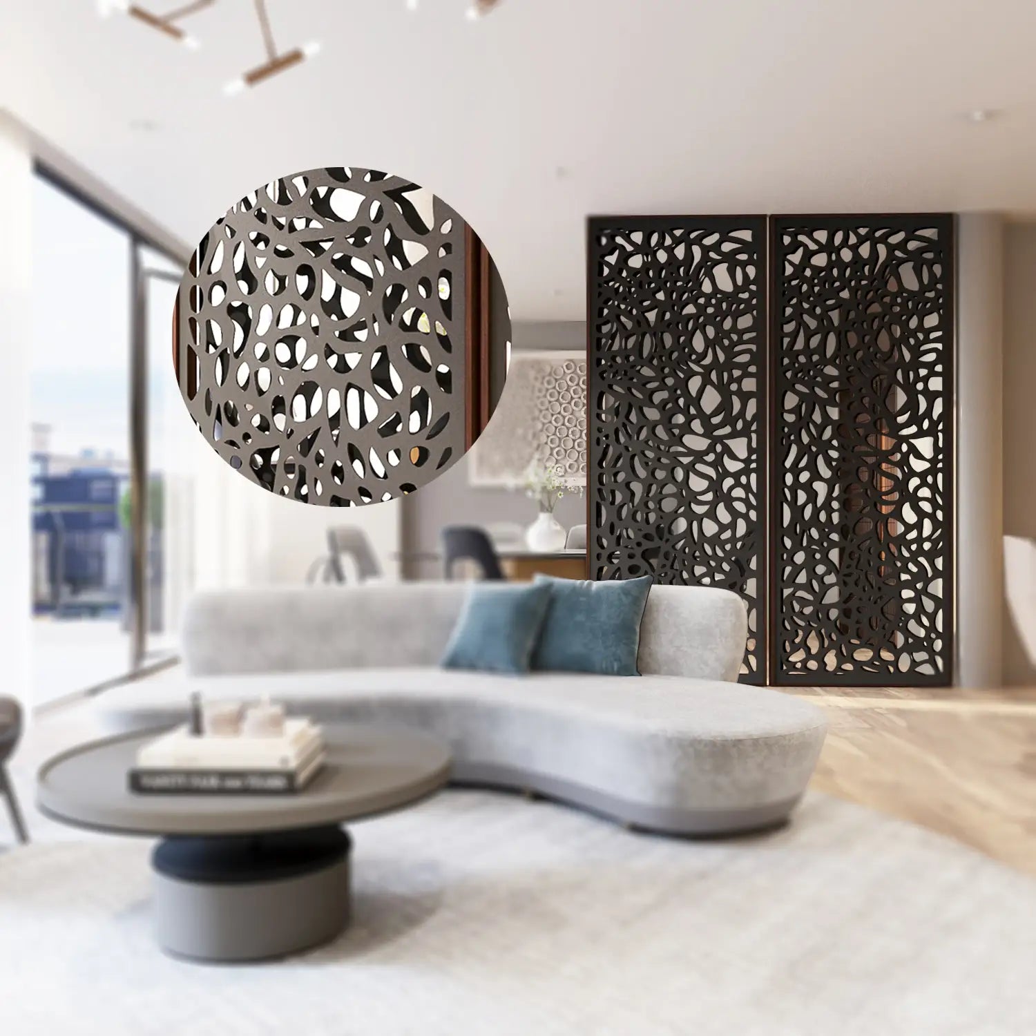 Modern living room with decorative metal screen and furniture