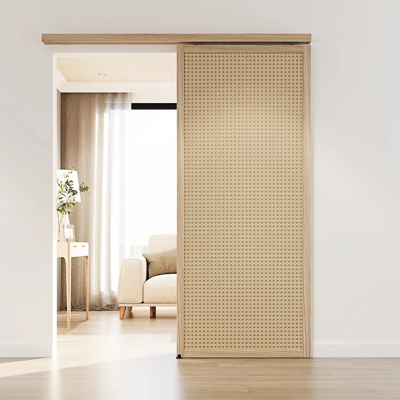 Modern sliding door with wicker design in a minimalistic interior setting