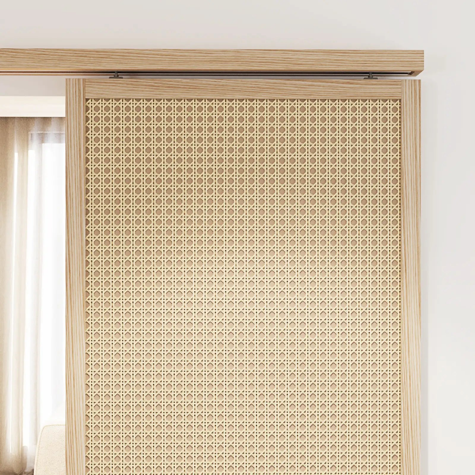 Decorative woven blind with geometric pattern in a neutral color scheme.