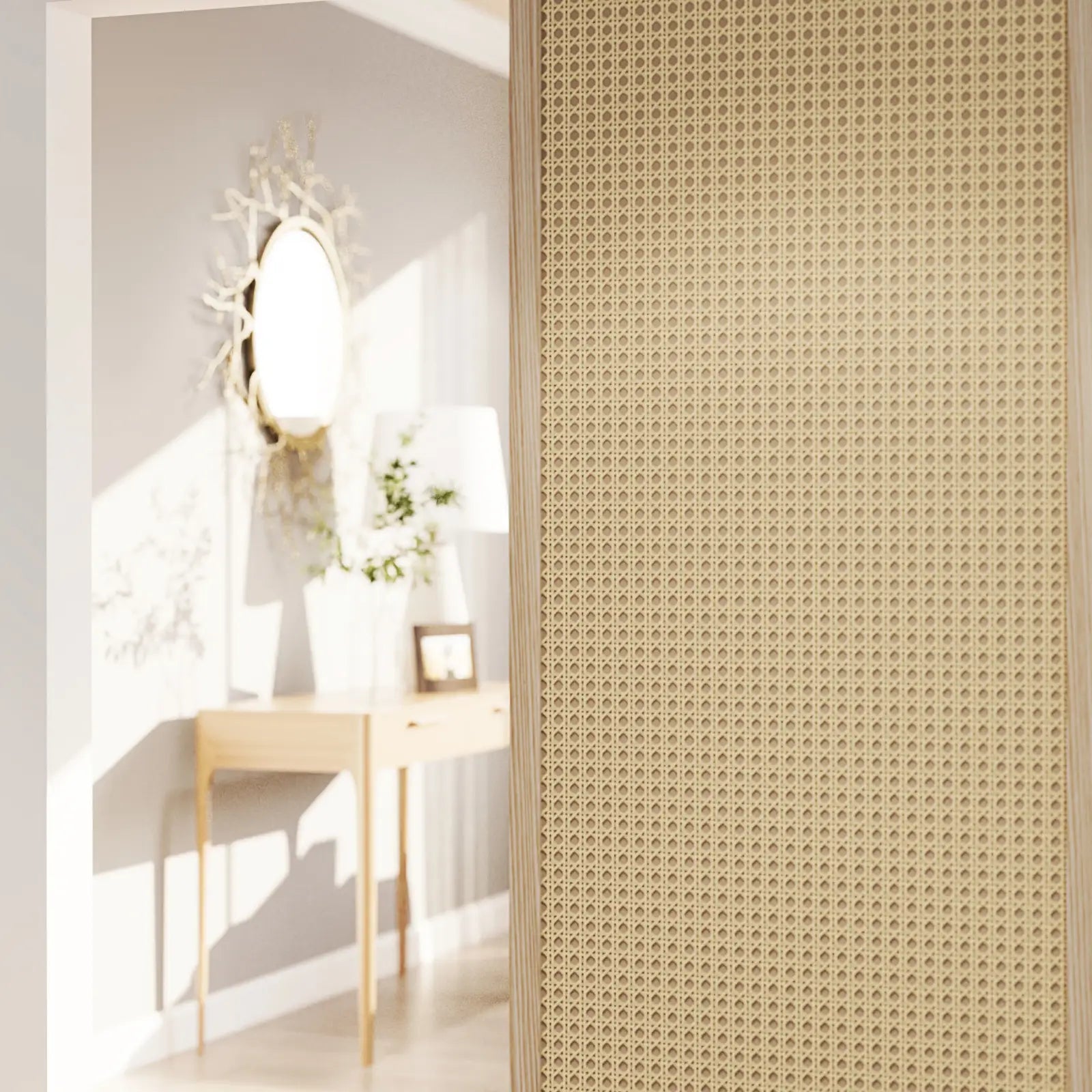Decorative wall panel with geometric pattern in a room setting