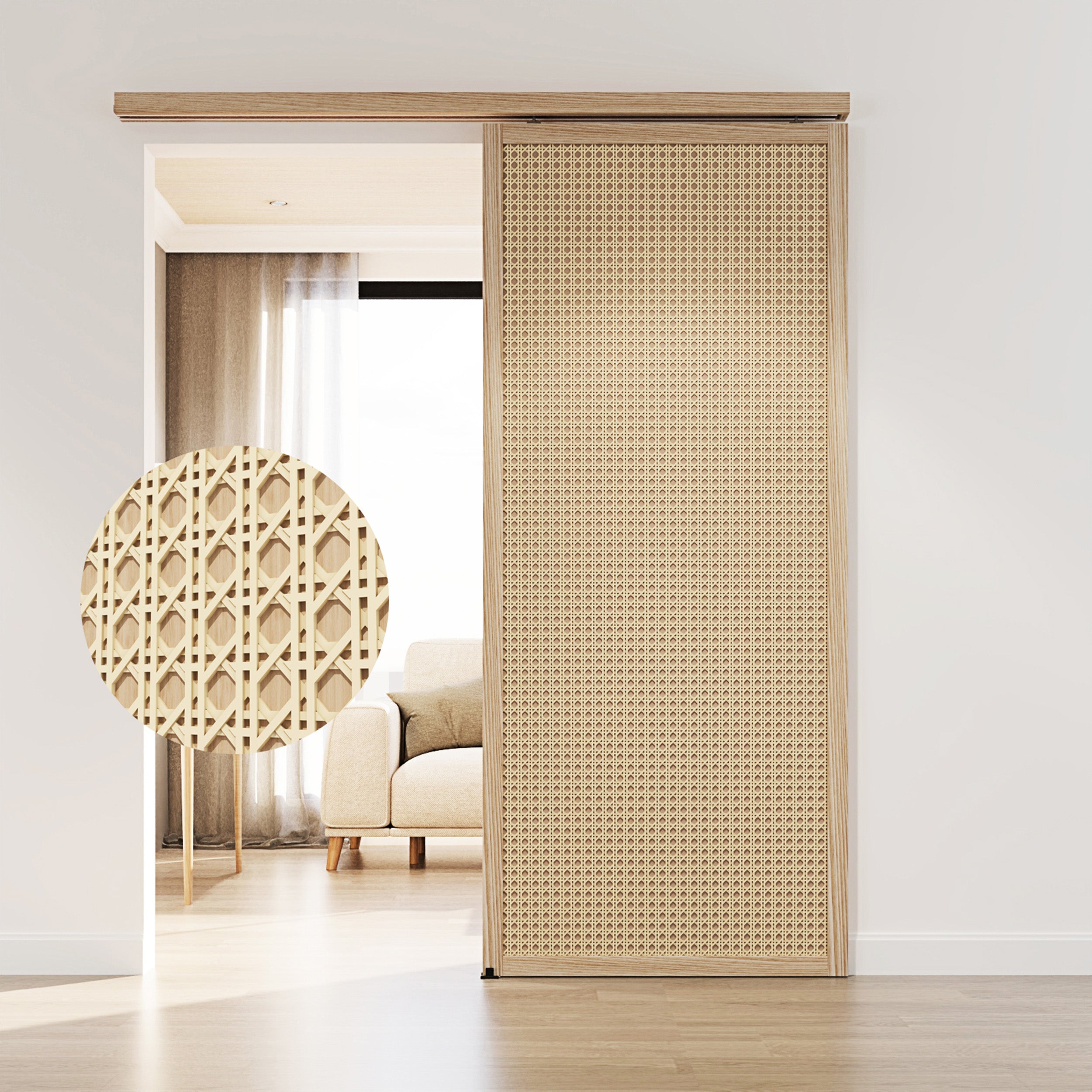 Wooden sliding door with wicker design in a modern interior setting