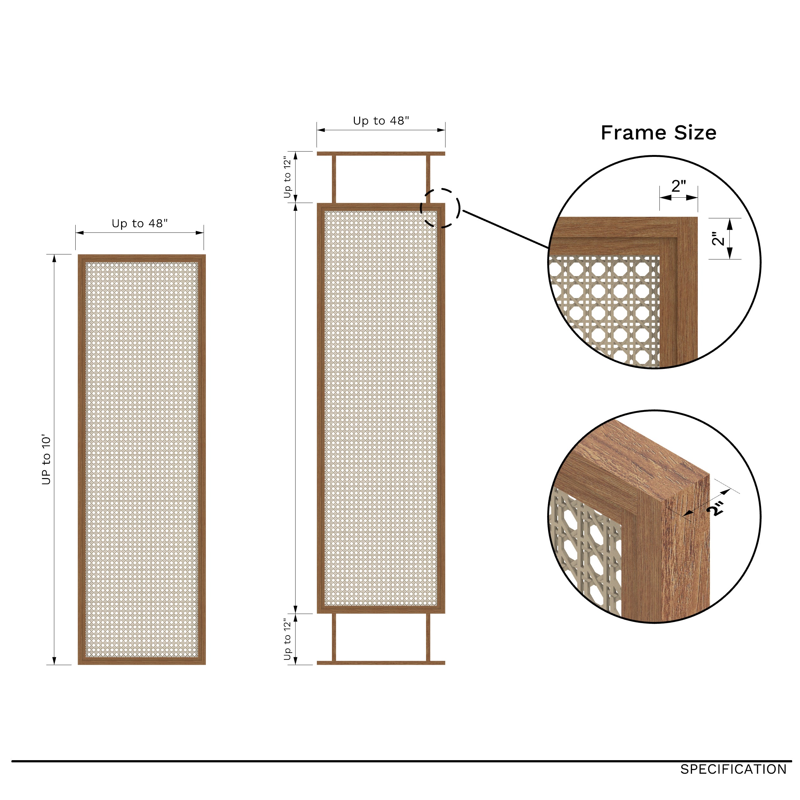 Measurement chart of a wooden screen with dimensions and details on a white background
