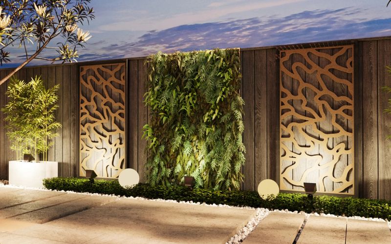Decorative wall with natural elements and geometric patterns