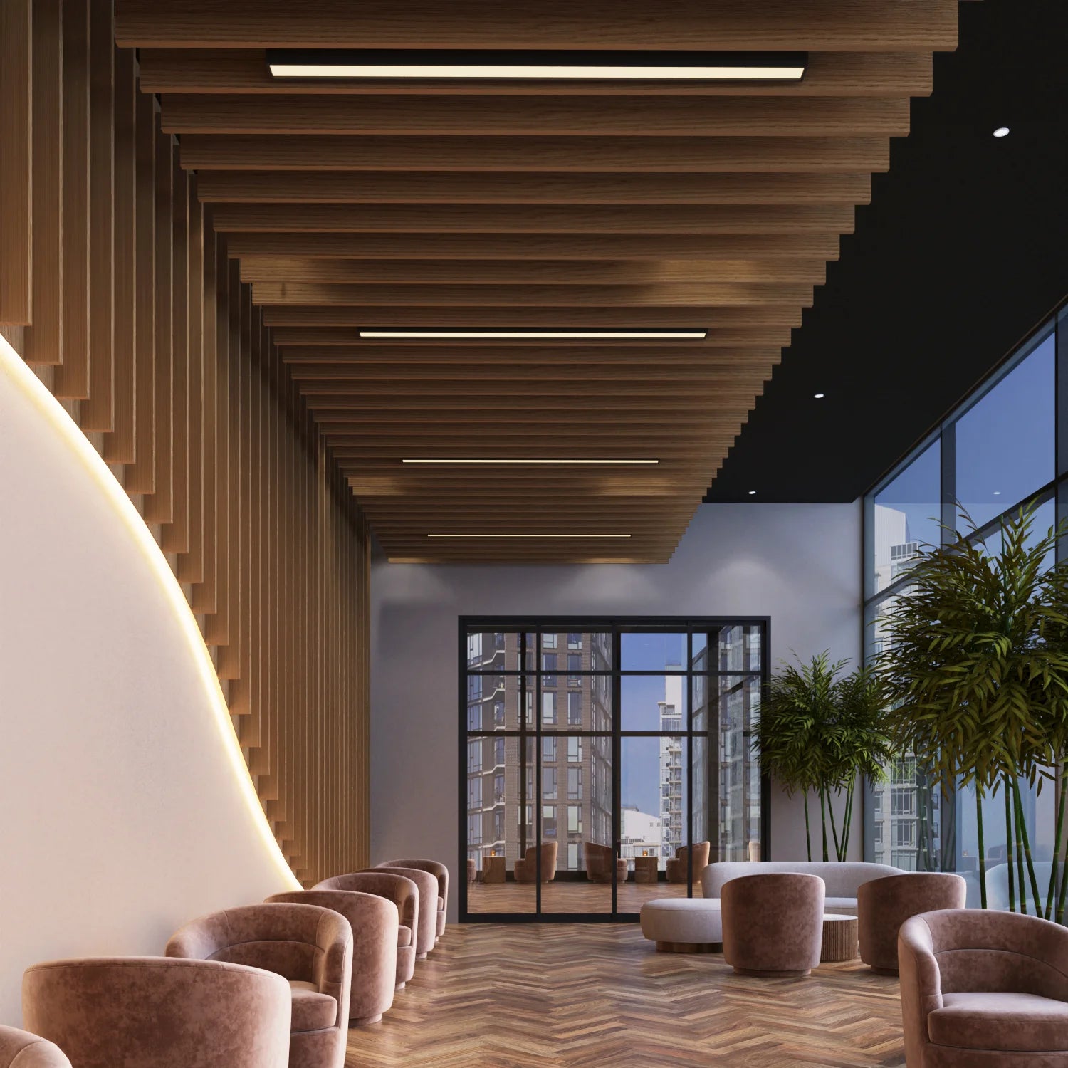 Ceiling-Hung Natural Wood Slat