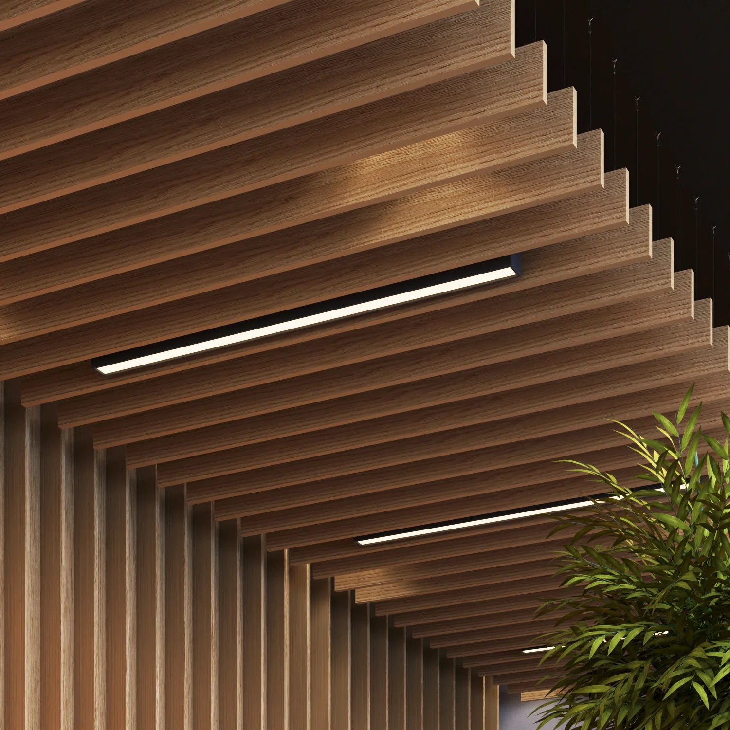 Ceiling-Hung Natural Wood Slat