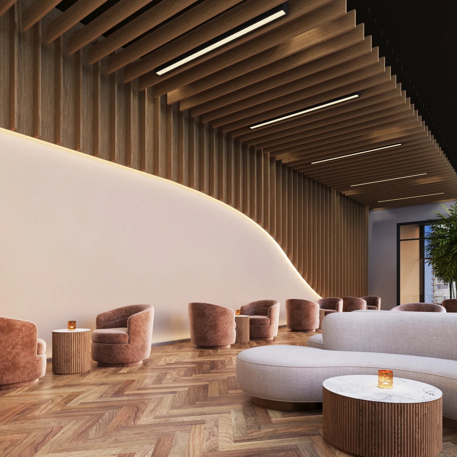 Ceiling-Hung Natural Wood Slat