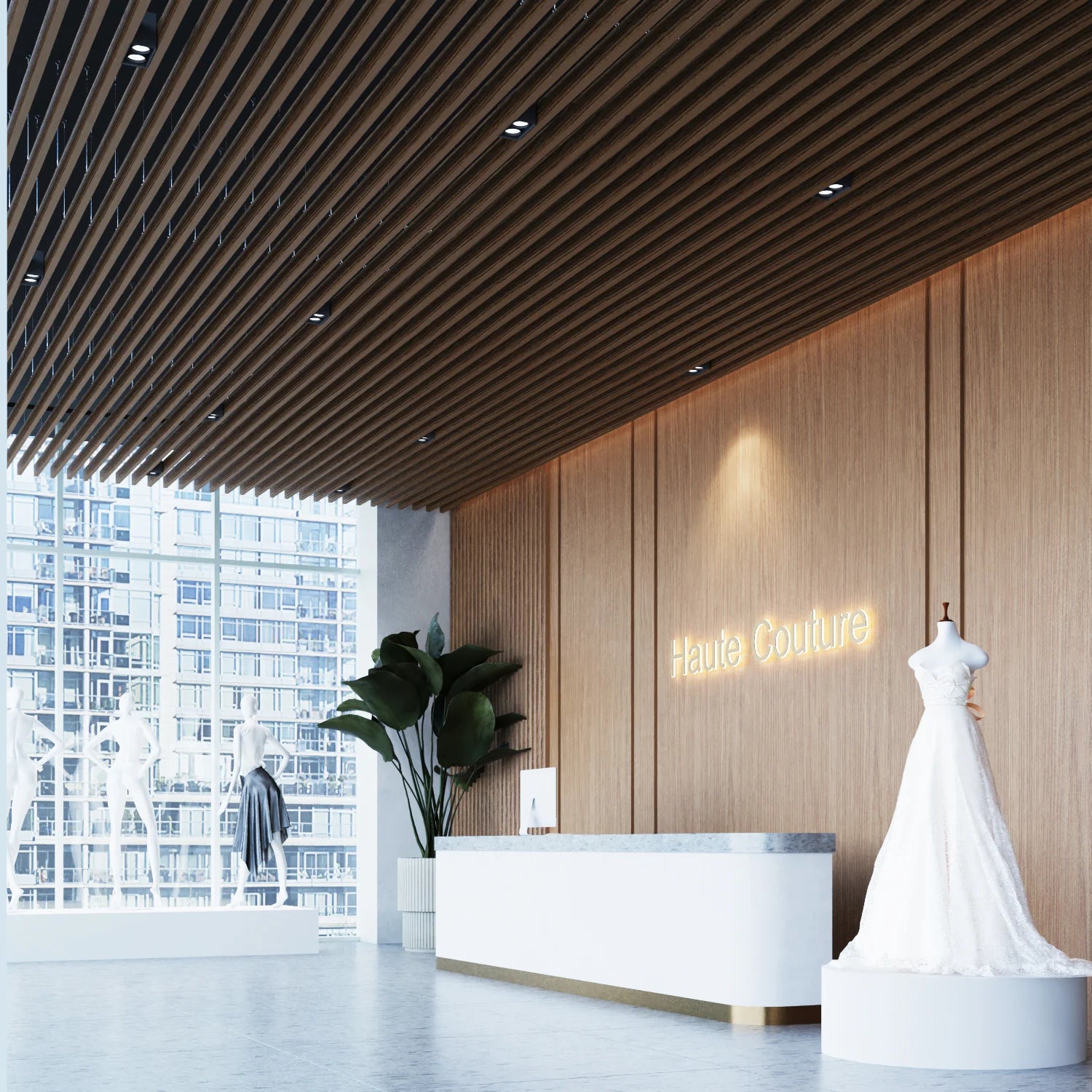 Ceiling-Hung Natural Wood Slat