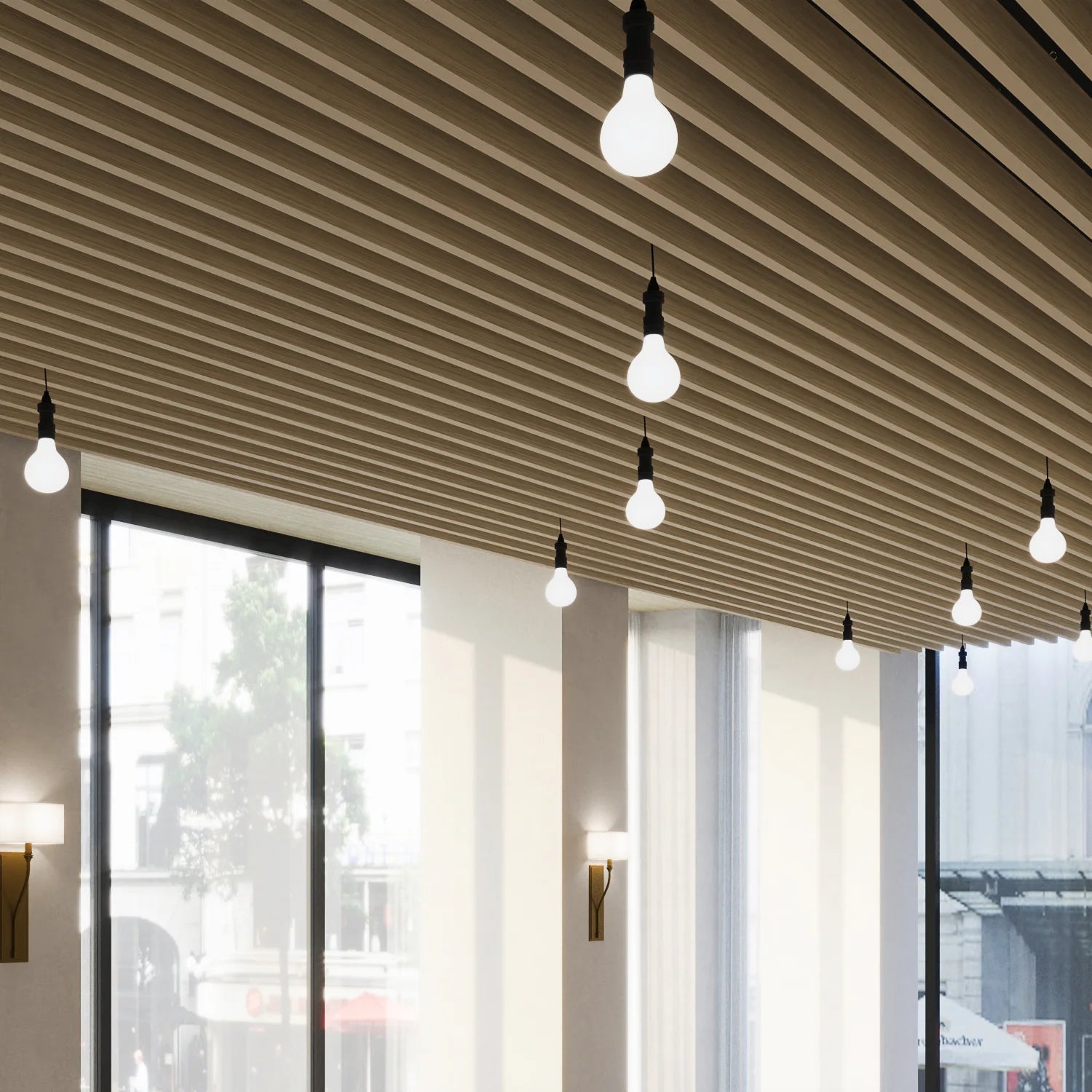 Ceiling-Hung Natural Wood Slat