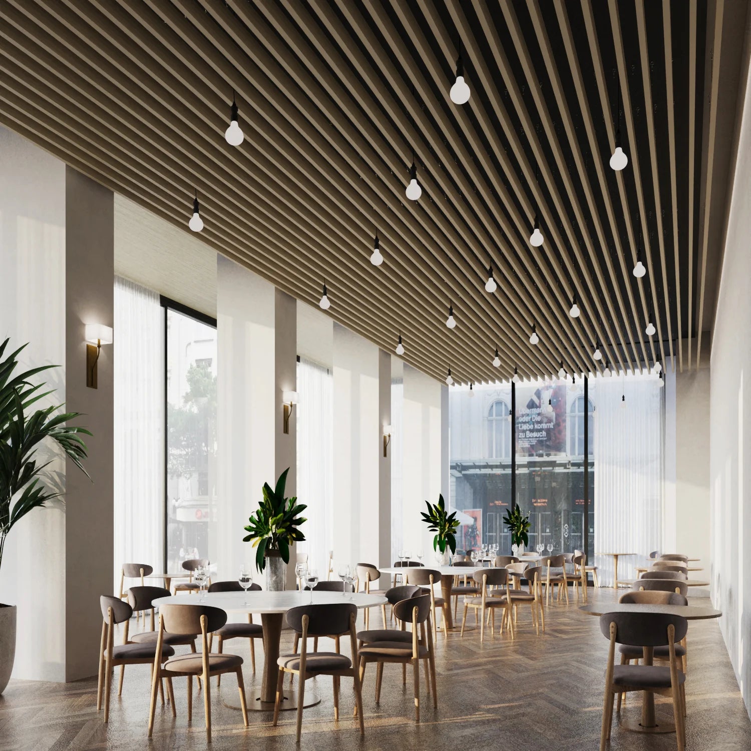 Ceiling-Hung Natural Wood Slat