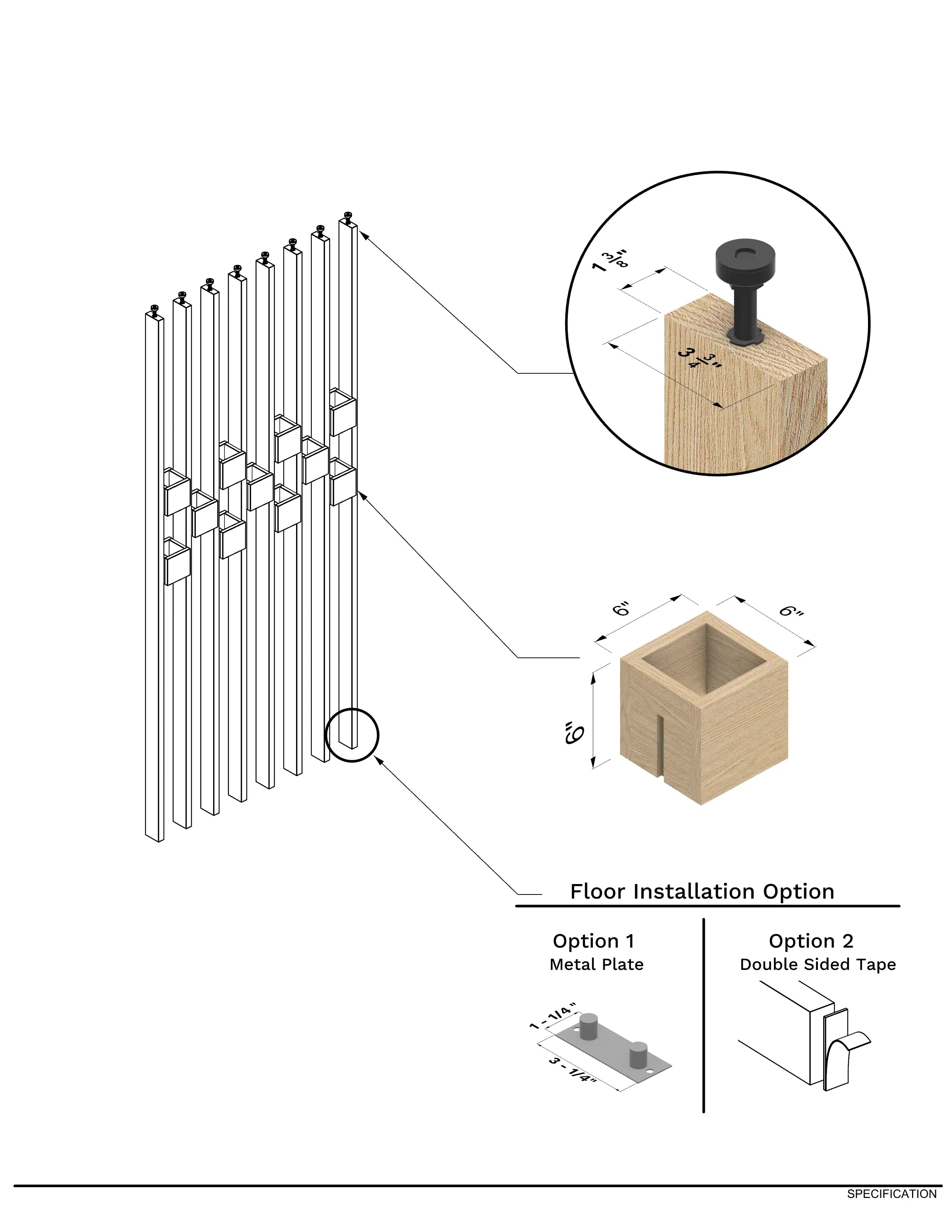 Technical diagram of a floor installation option with metal plate and double-sided tape.