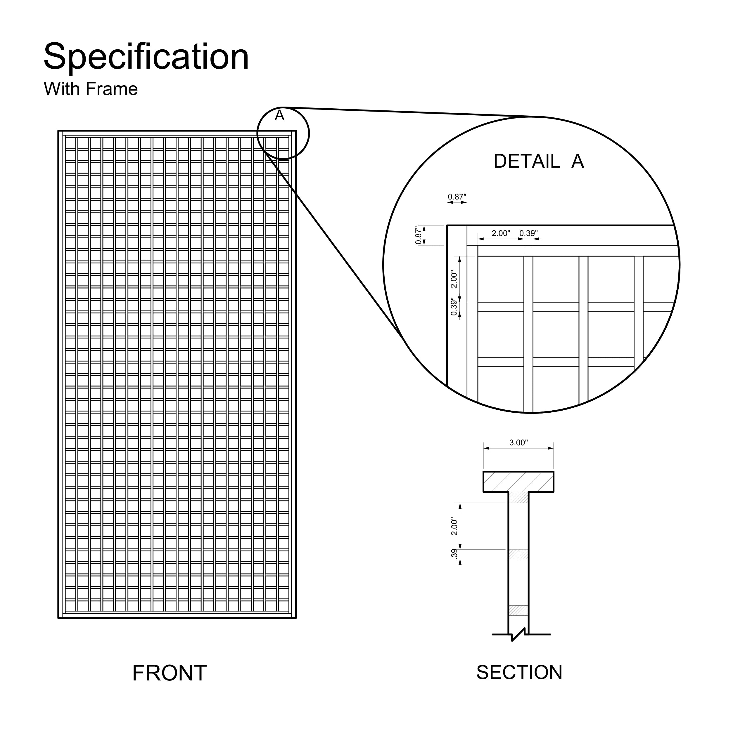Technical drawing of a grid panel with frame specifications