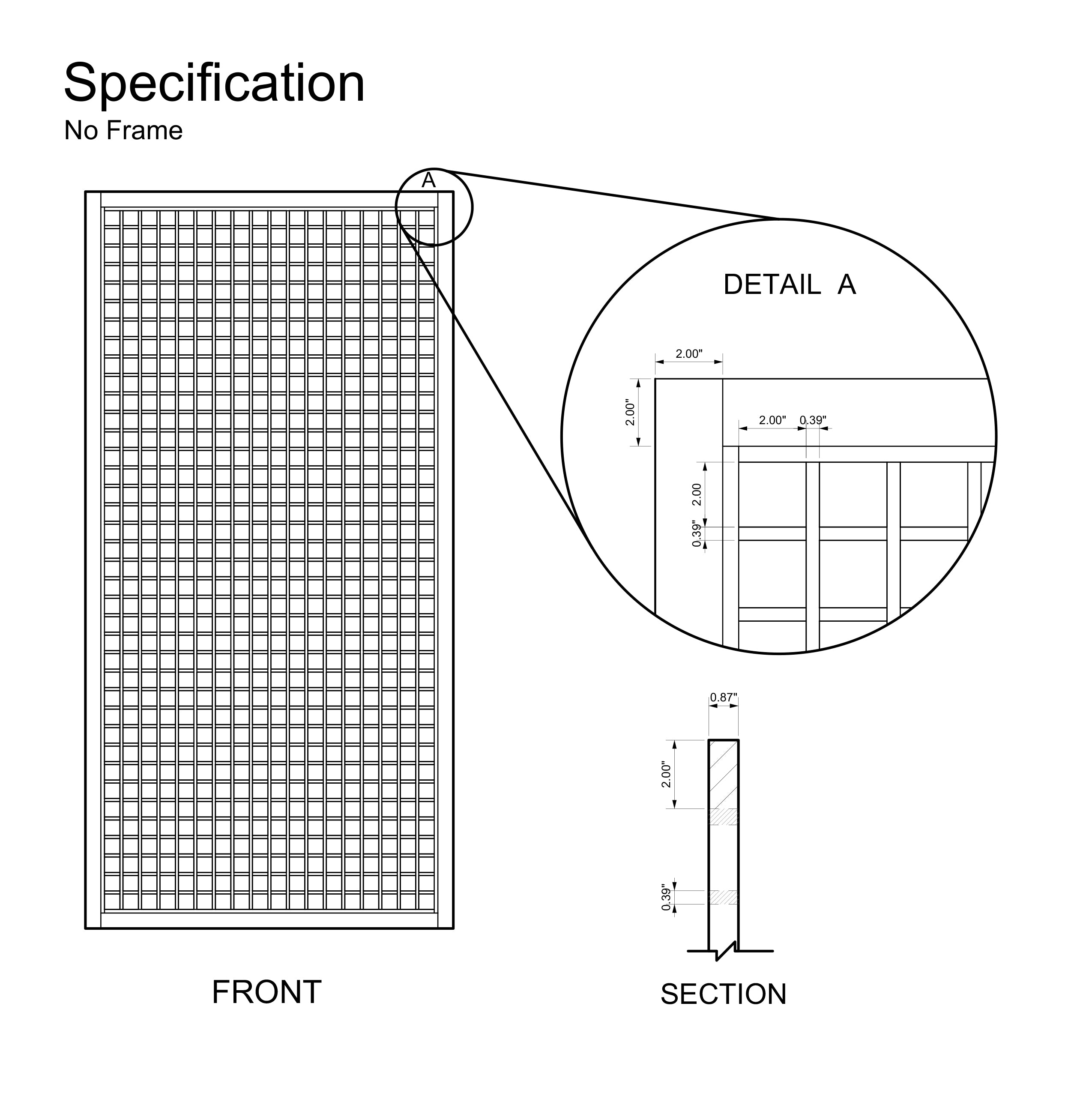 Technical drawing of a grid panel with dimensions and details