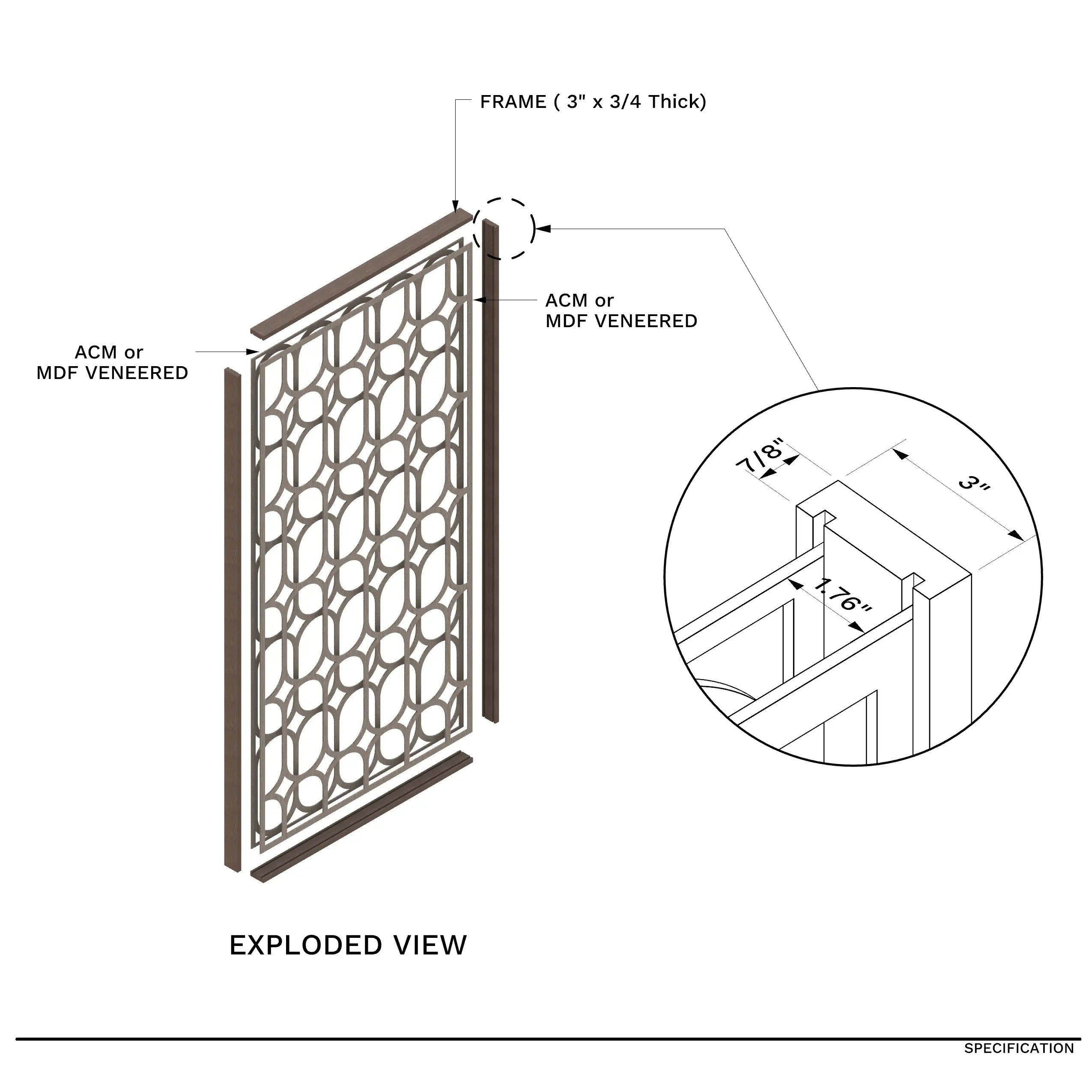 Technical drawing of a decorative panel with dimensions and material labels.