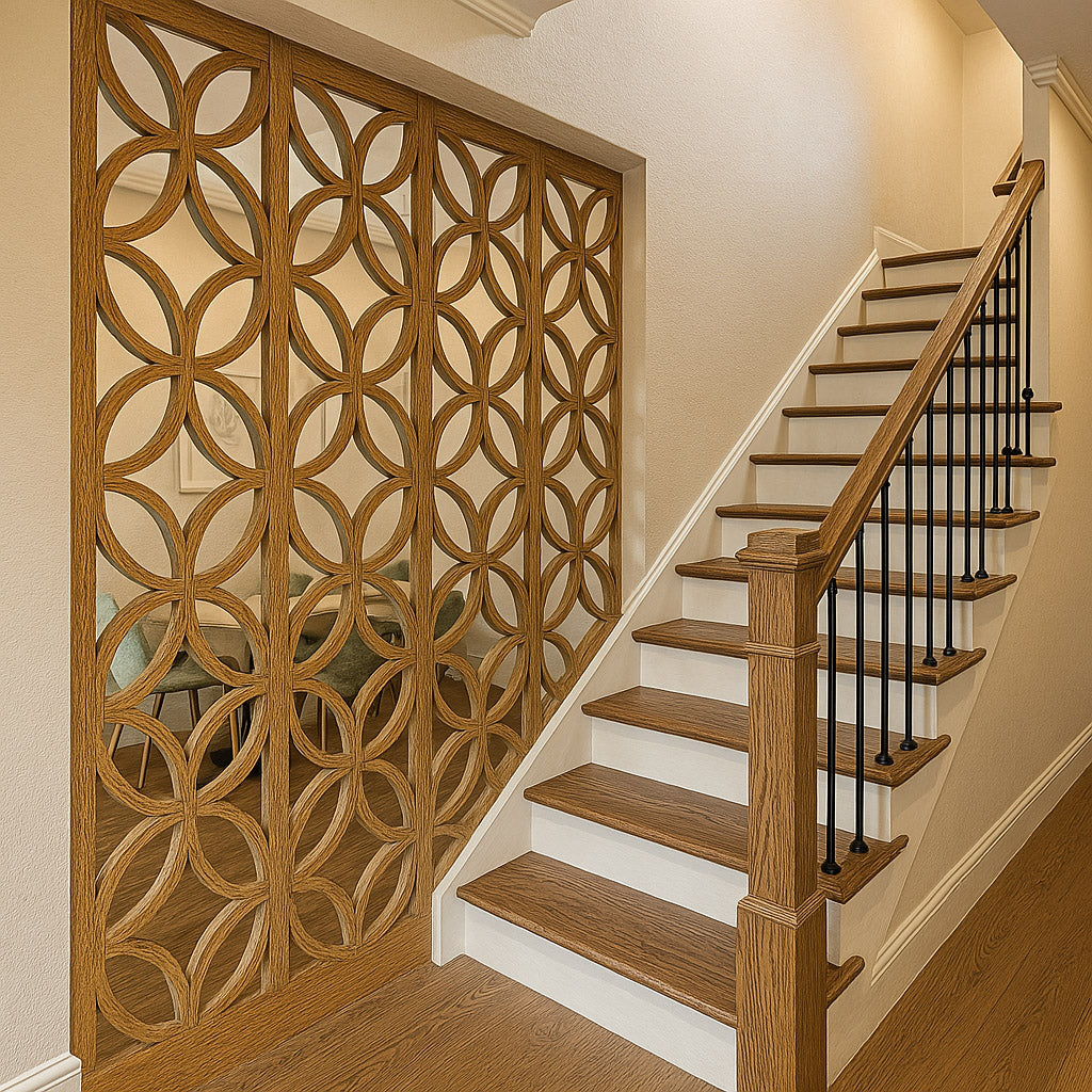 privacy screen, stair partition, decorative room divider, modern privacy panel, stairway screen panel, geometric privacy screen, metal divider panel, aluminum privacy screen, indoor partition panel, perforated screen design