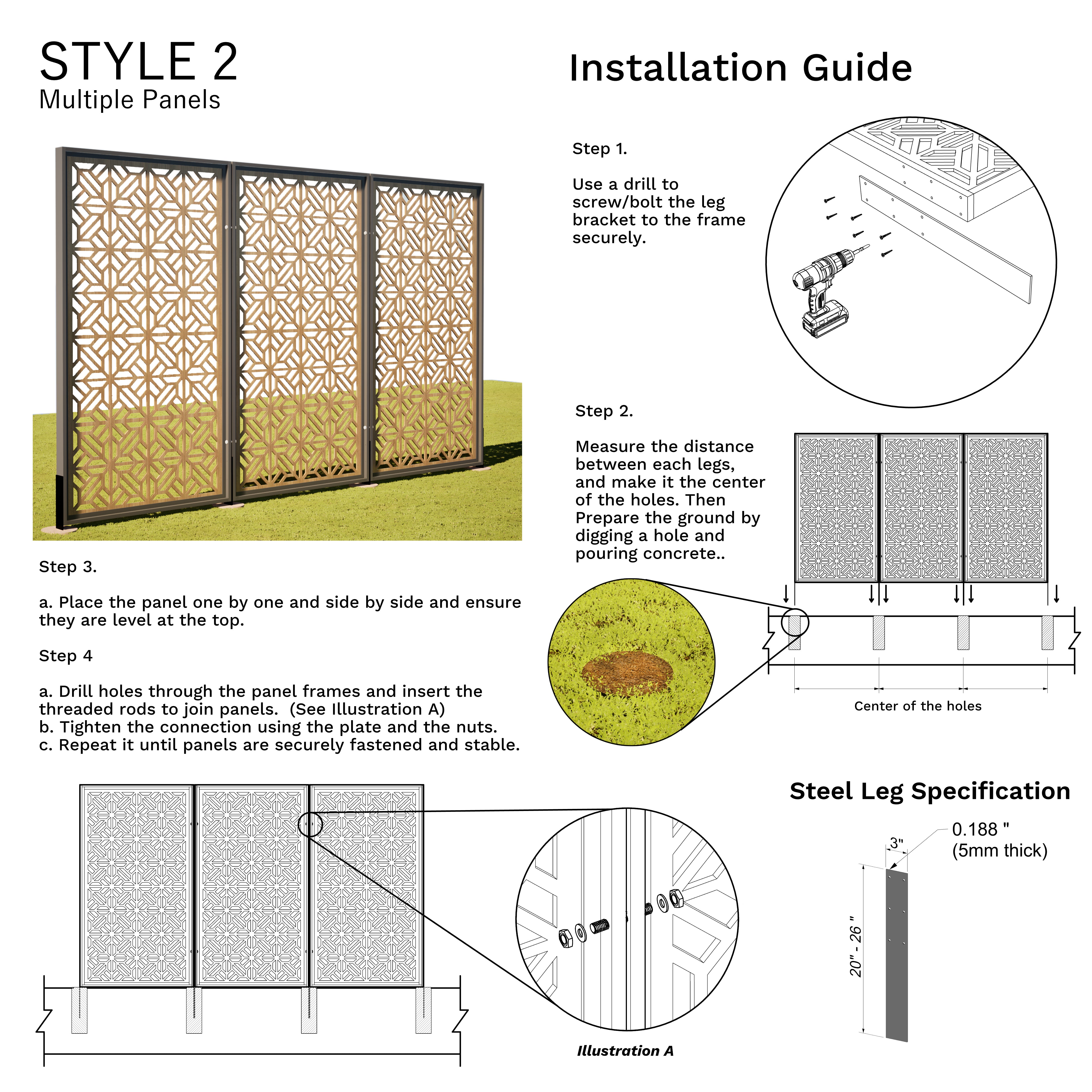Installation guide for decorative metal panels with step-by-step instructions and diagrams.